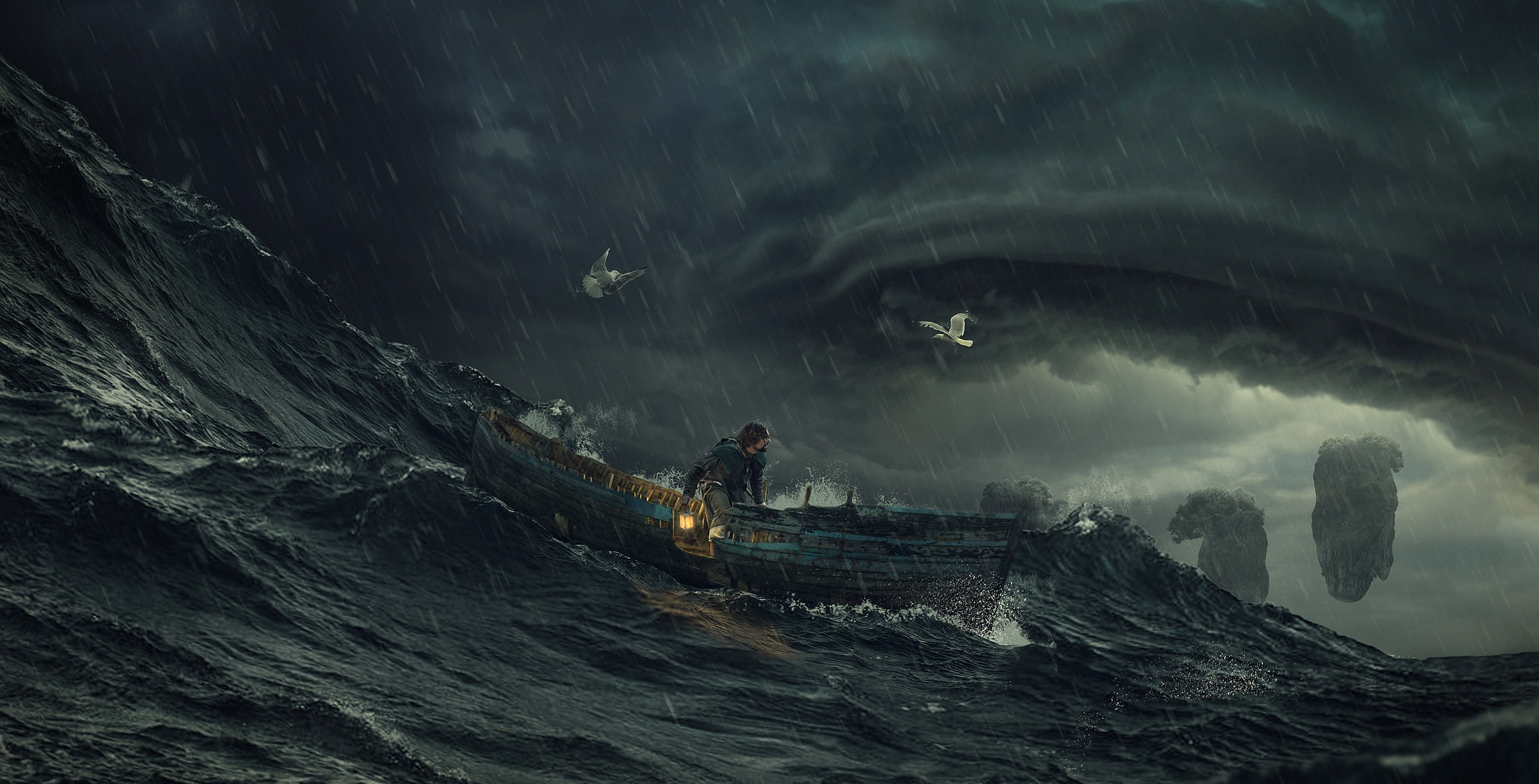 Man in a boat during a storm HD Wallpaper