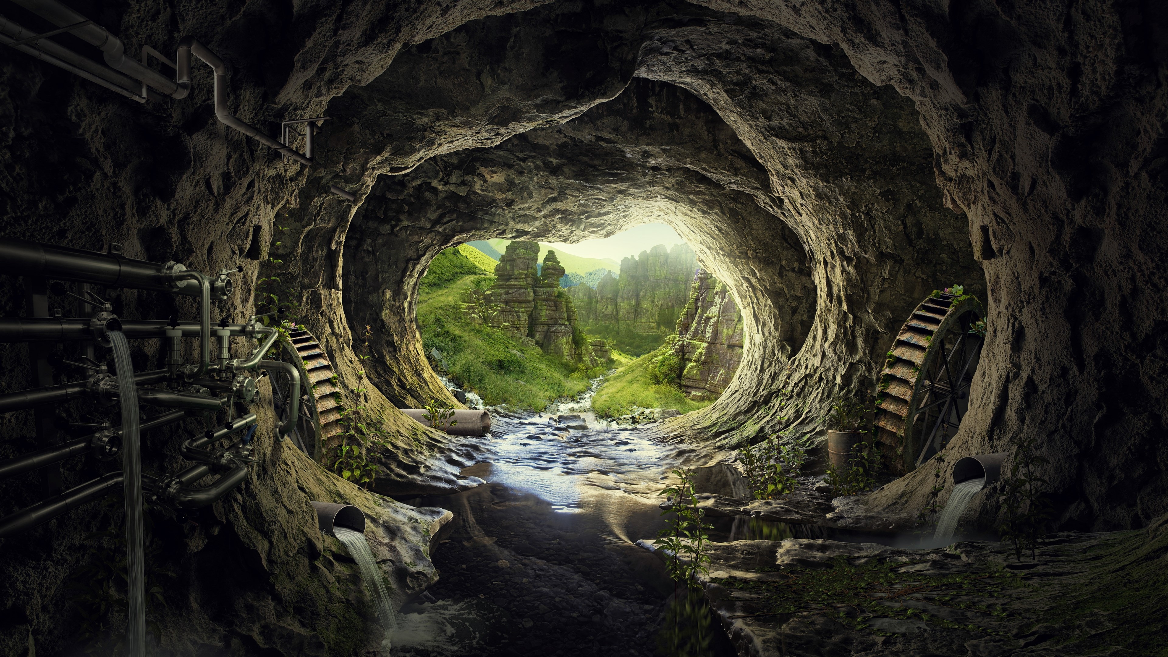Cave tunnel with water wheels and pipes HD Wallpaper