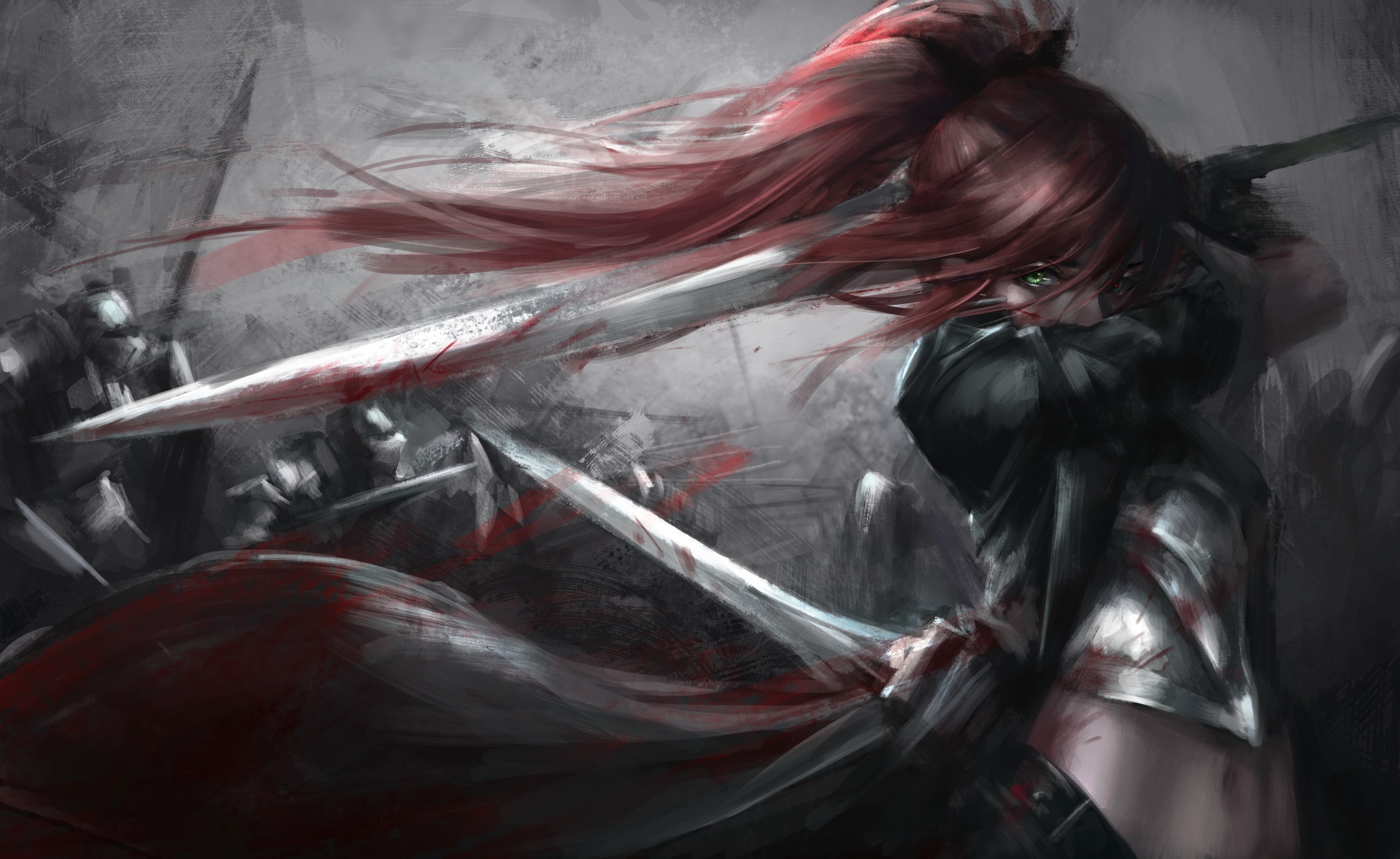 Woman warrior with red hair and swords in battle HD Wallpaper
