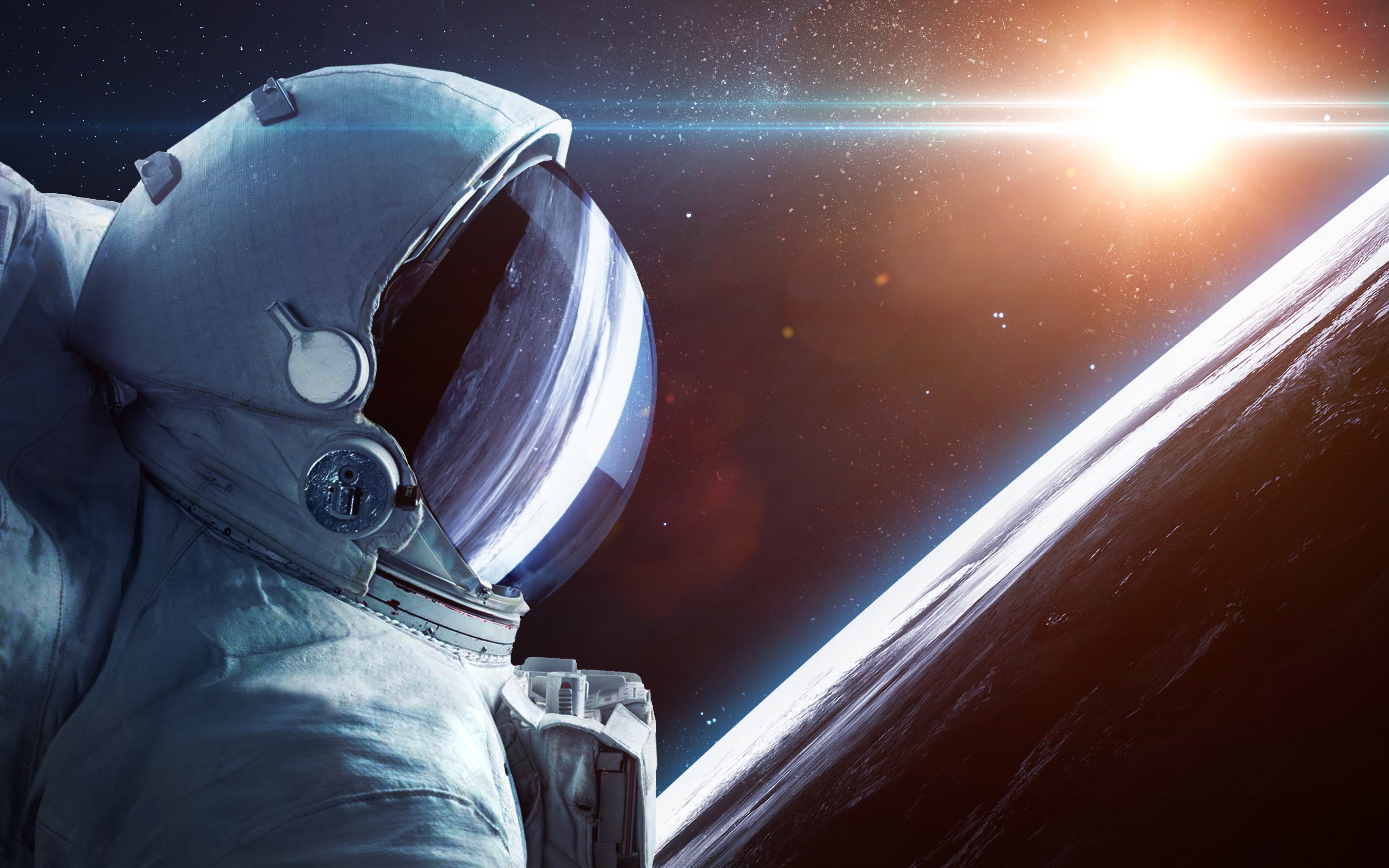 Astronaut in space with sun and planet HD Wallpaper