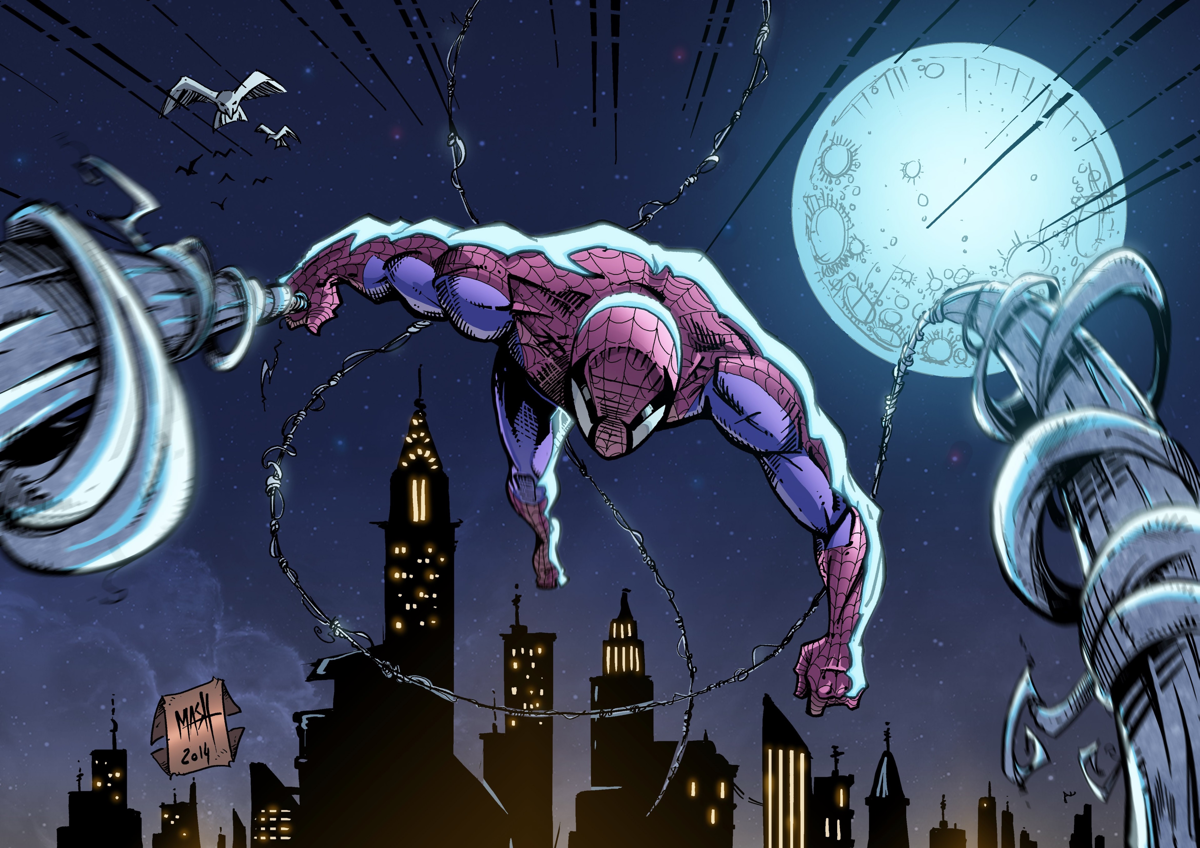 Spider-Man swinging through a city at night HD Wallpaper