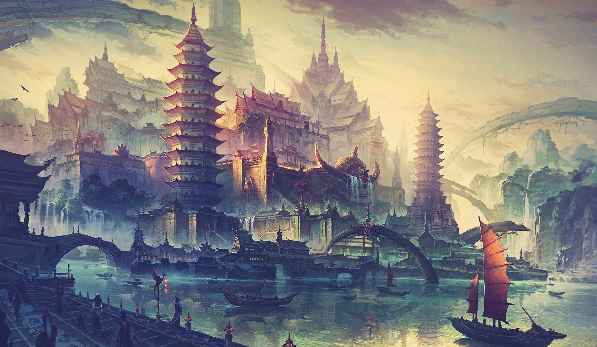 Mystical Asian Pagodas by Serene Water HD Wallpaper