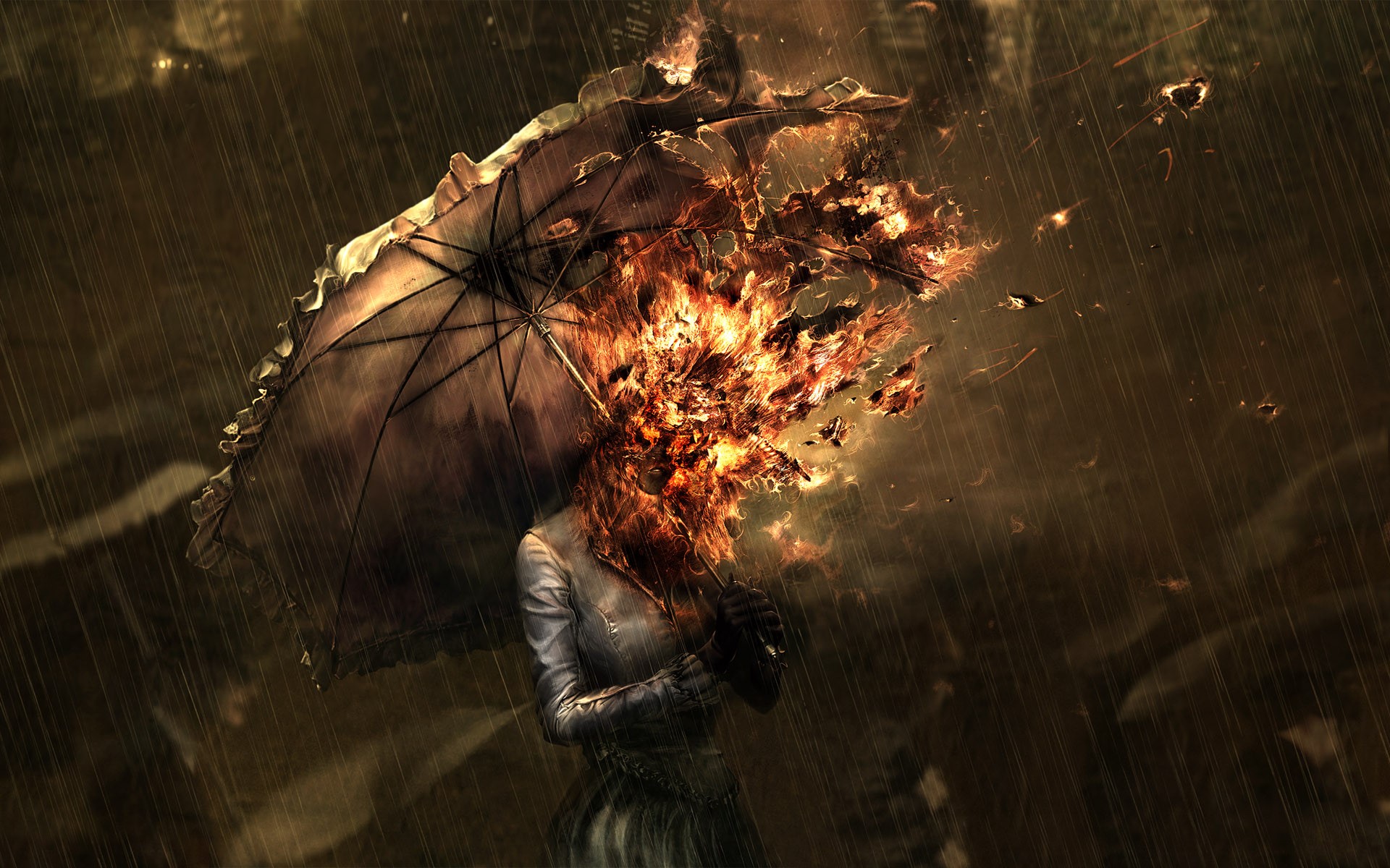 Woman with burning head under umbrella in rain HD Wallpaper