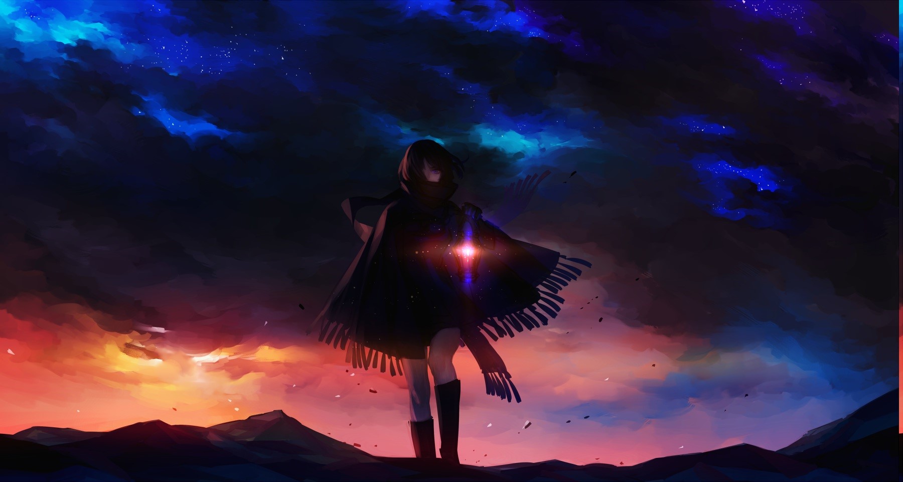 Anime girl with dark hair and purple eyes at sunset HD Wallpaper
