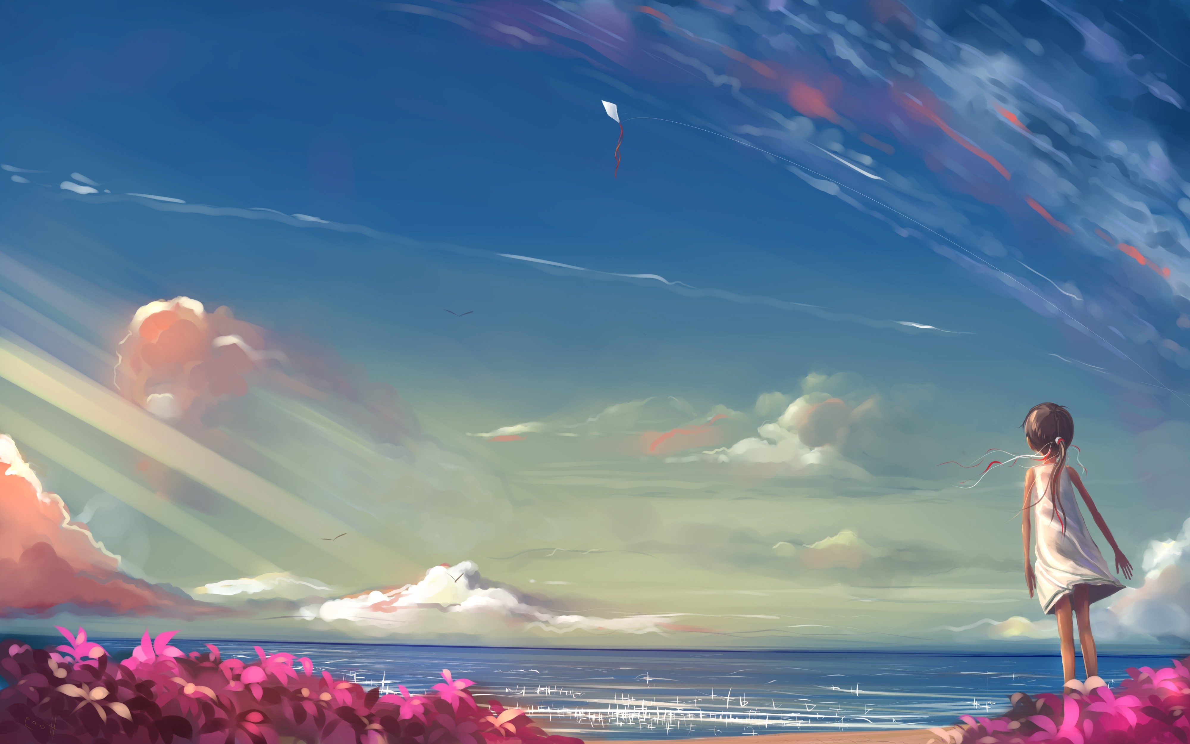 Anime girl flying a kite by the sea HD Wallpaper