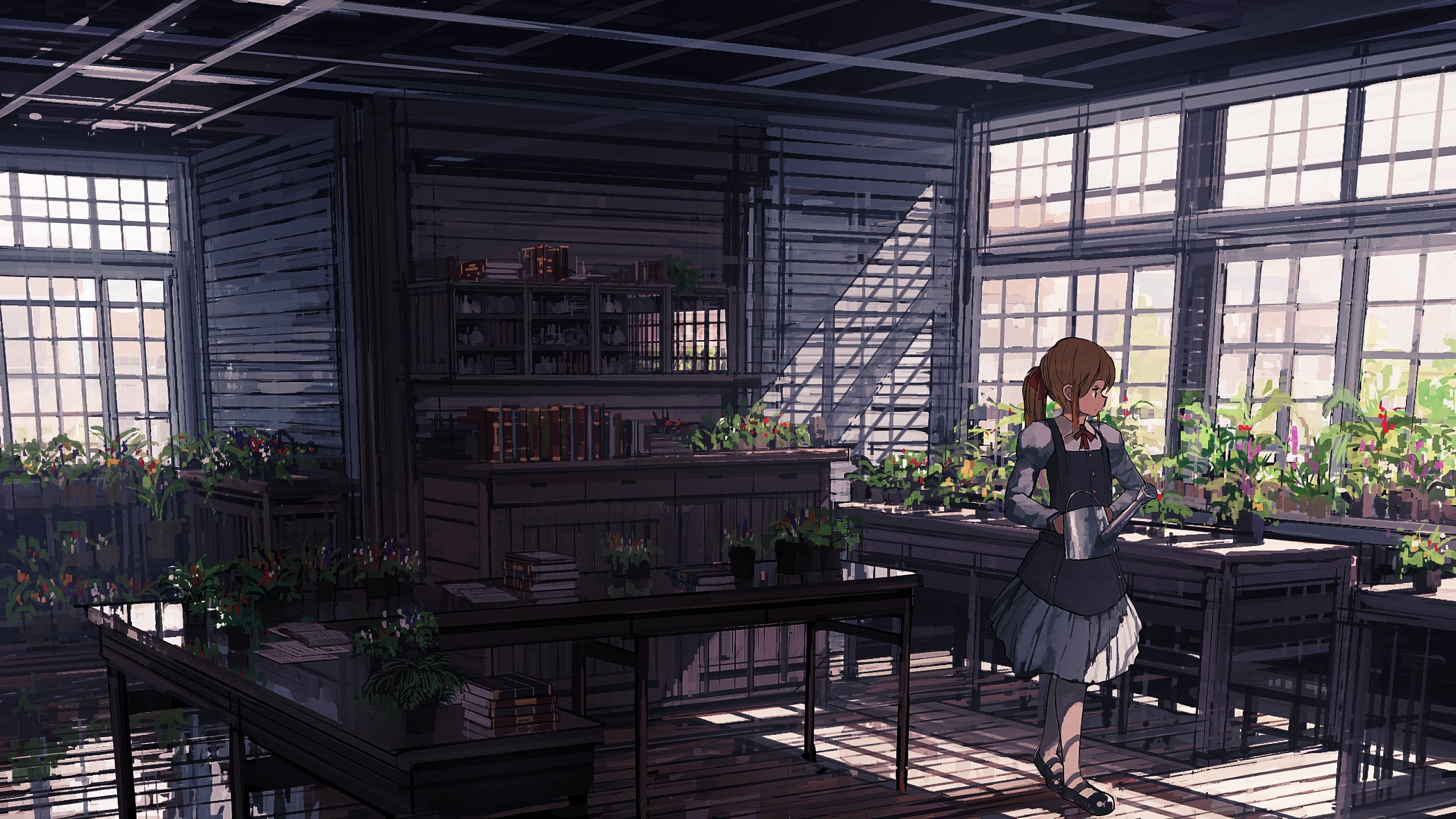 Anime girl watering plants in a greenhouse library HD Wallpaper