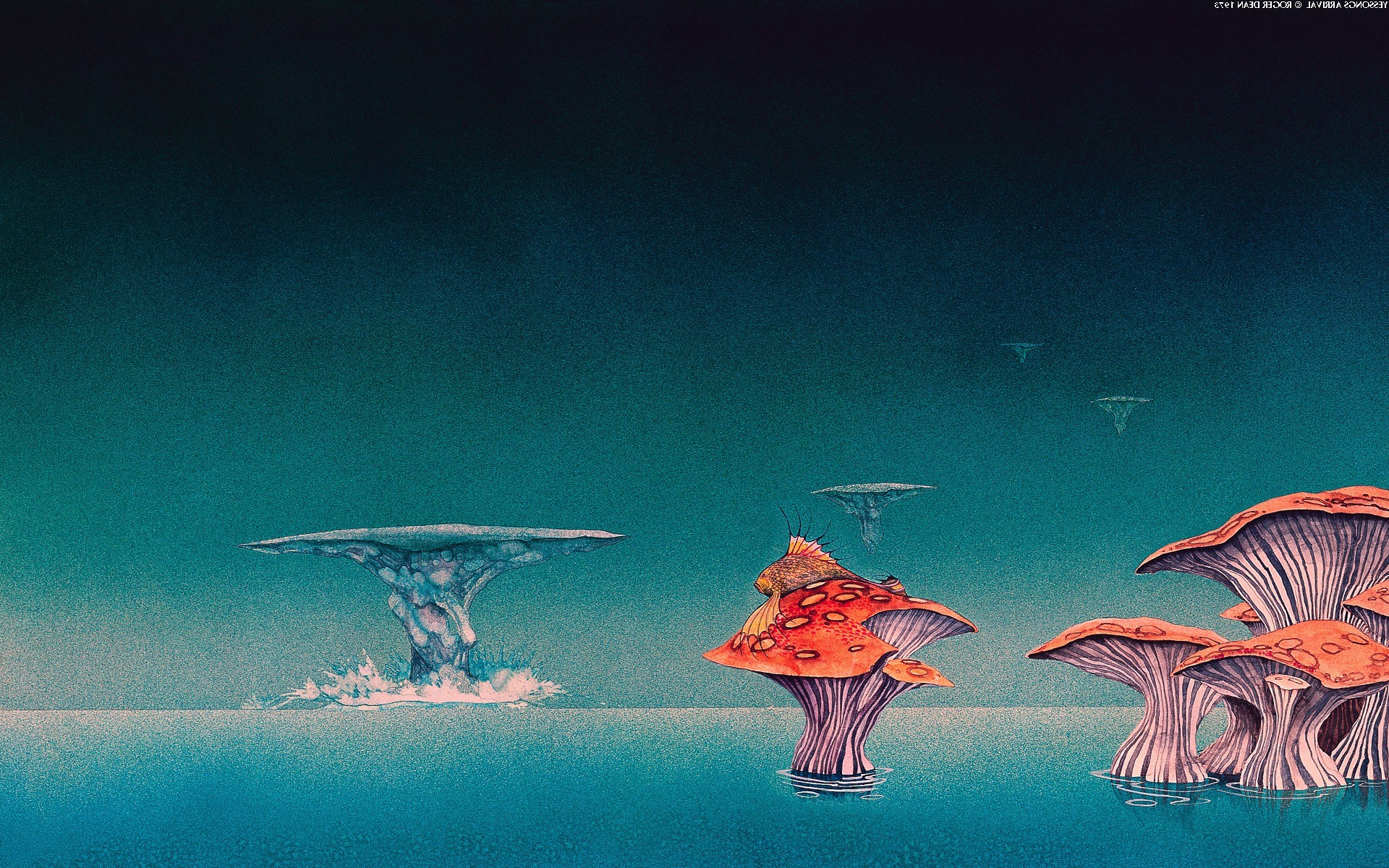 Fantasy landscape with mushrooms and floating islands HD Wallpaper