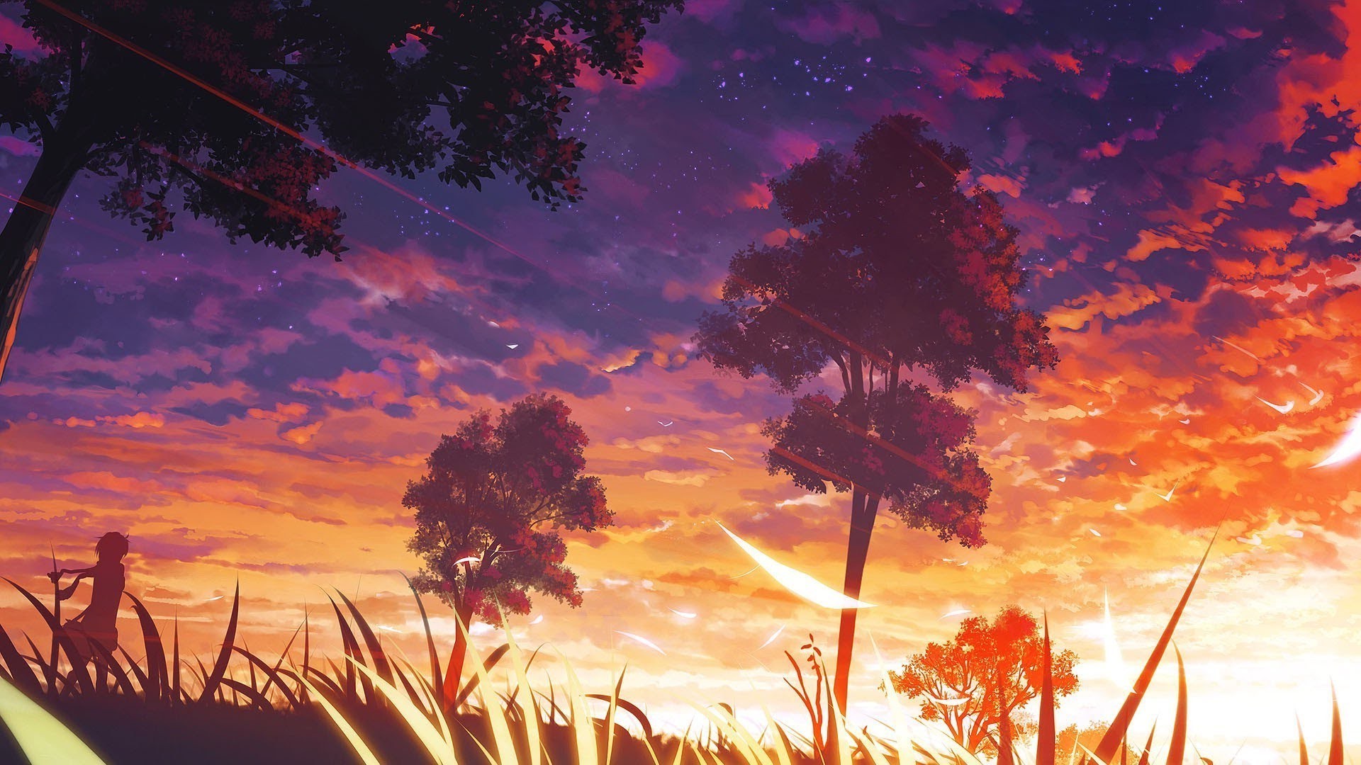 Anime landscape with trees and sunset HD Wallpaper