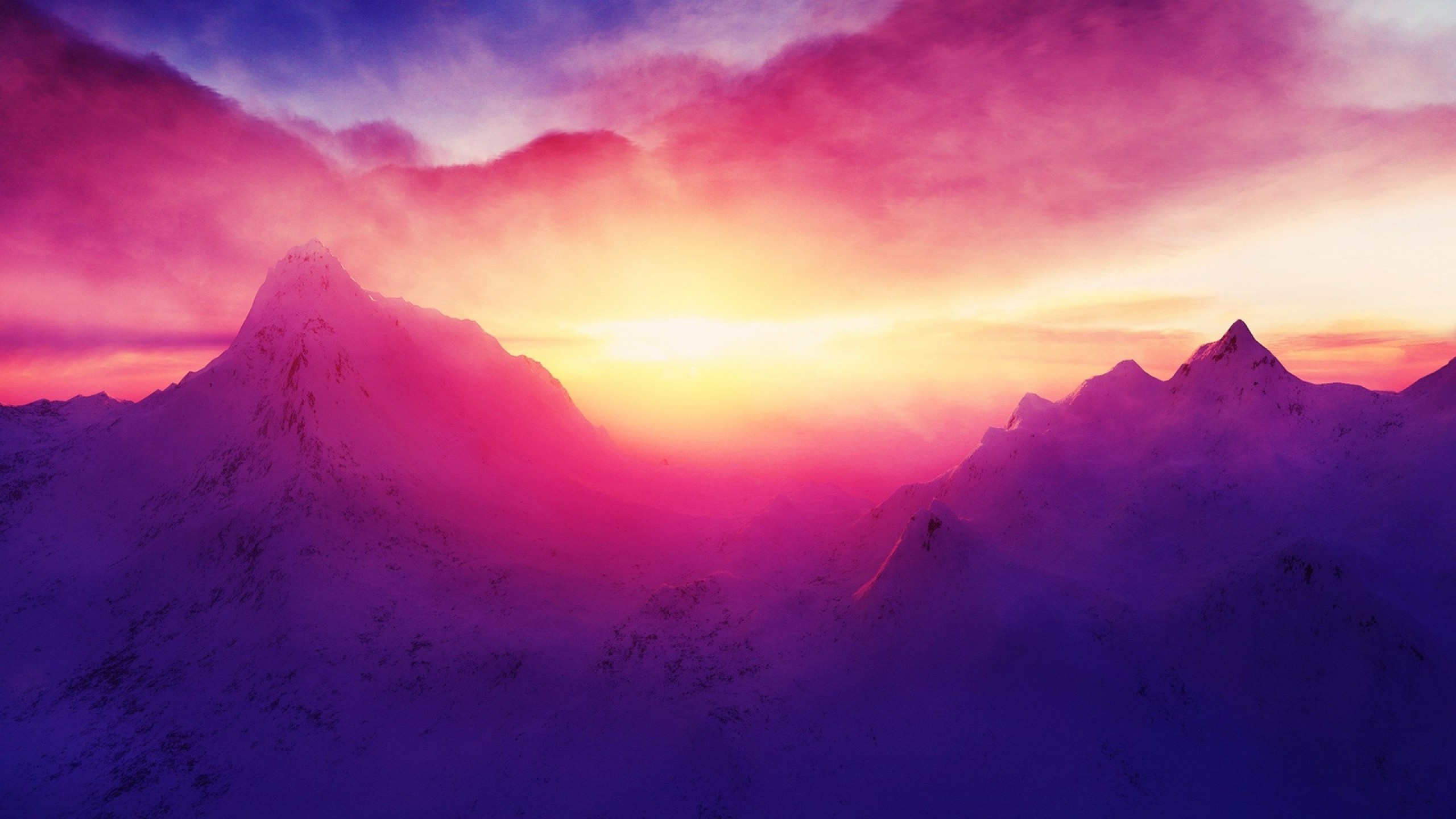 Snowy mountains at sunset with colorful clouds HD Wallpaper