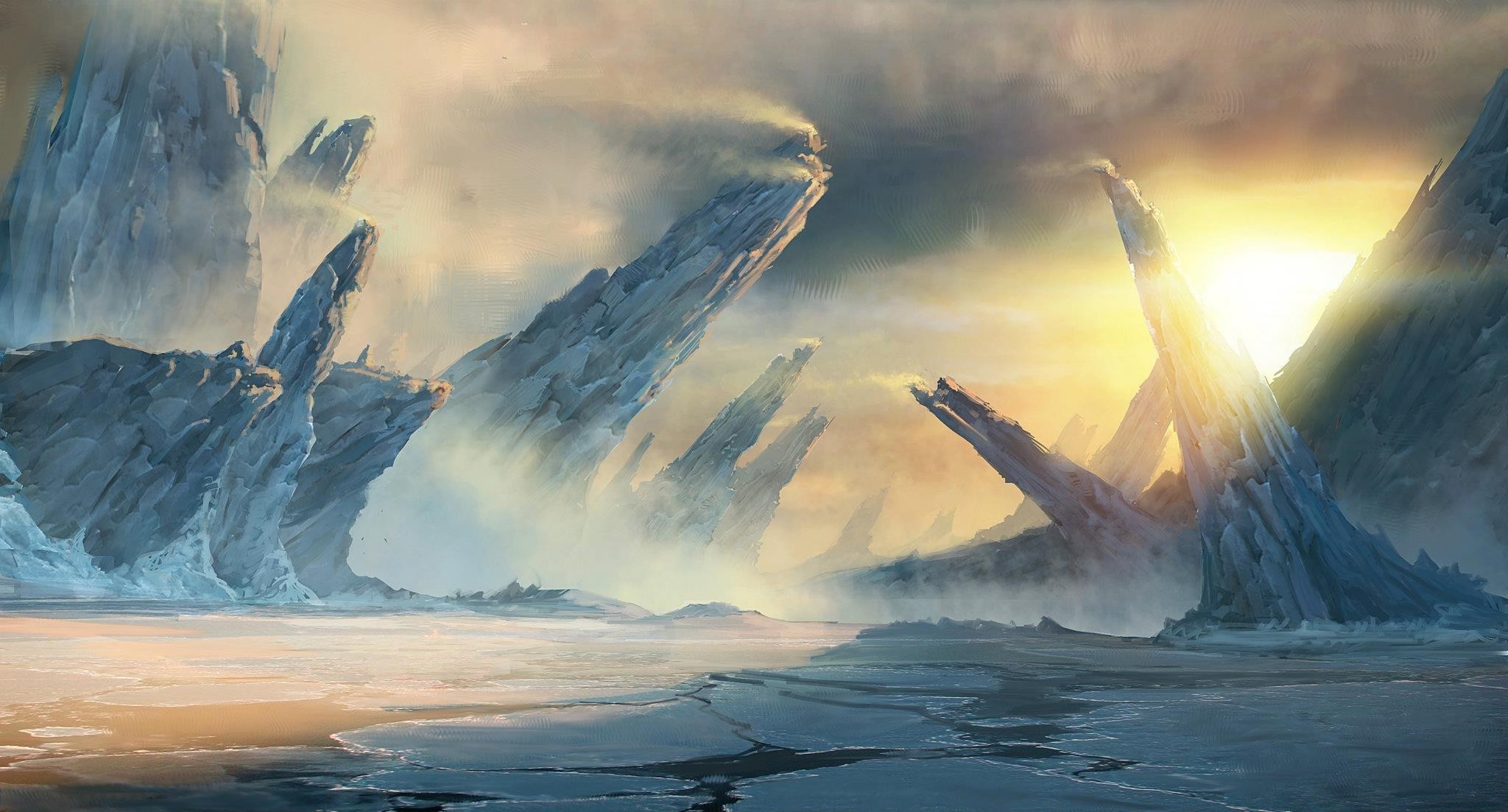 Fantasy ice landscape with sharp rock formations and sunlight HD Wallpaper