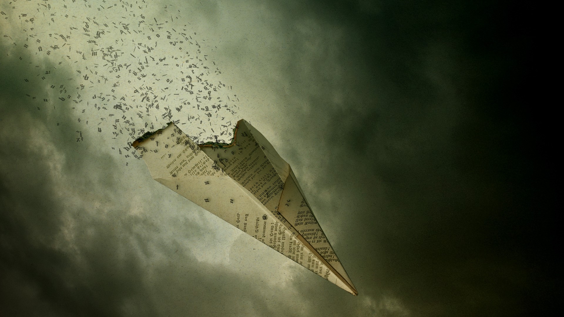 Paper airplane disintegrating into text against stormy sky HD Wallpaper