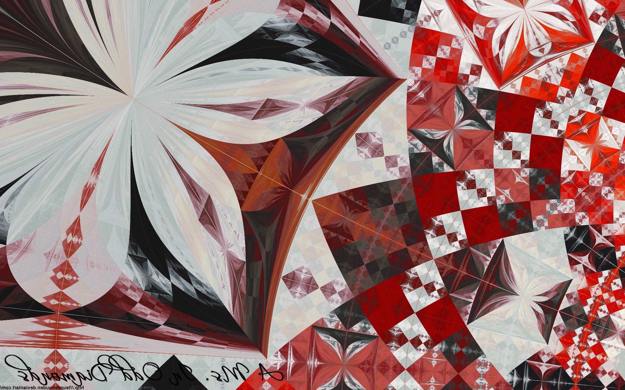 Abstract fractal art with red, white, and black geometric patterns HD Wallpaper