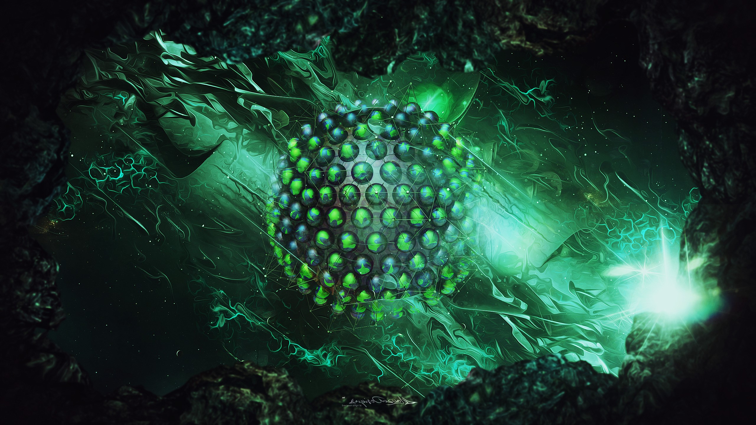 Glowing Green Abstract Sphere with Geometric Patterns HD Wallpaper