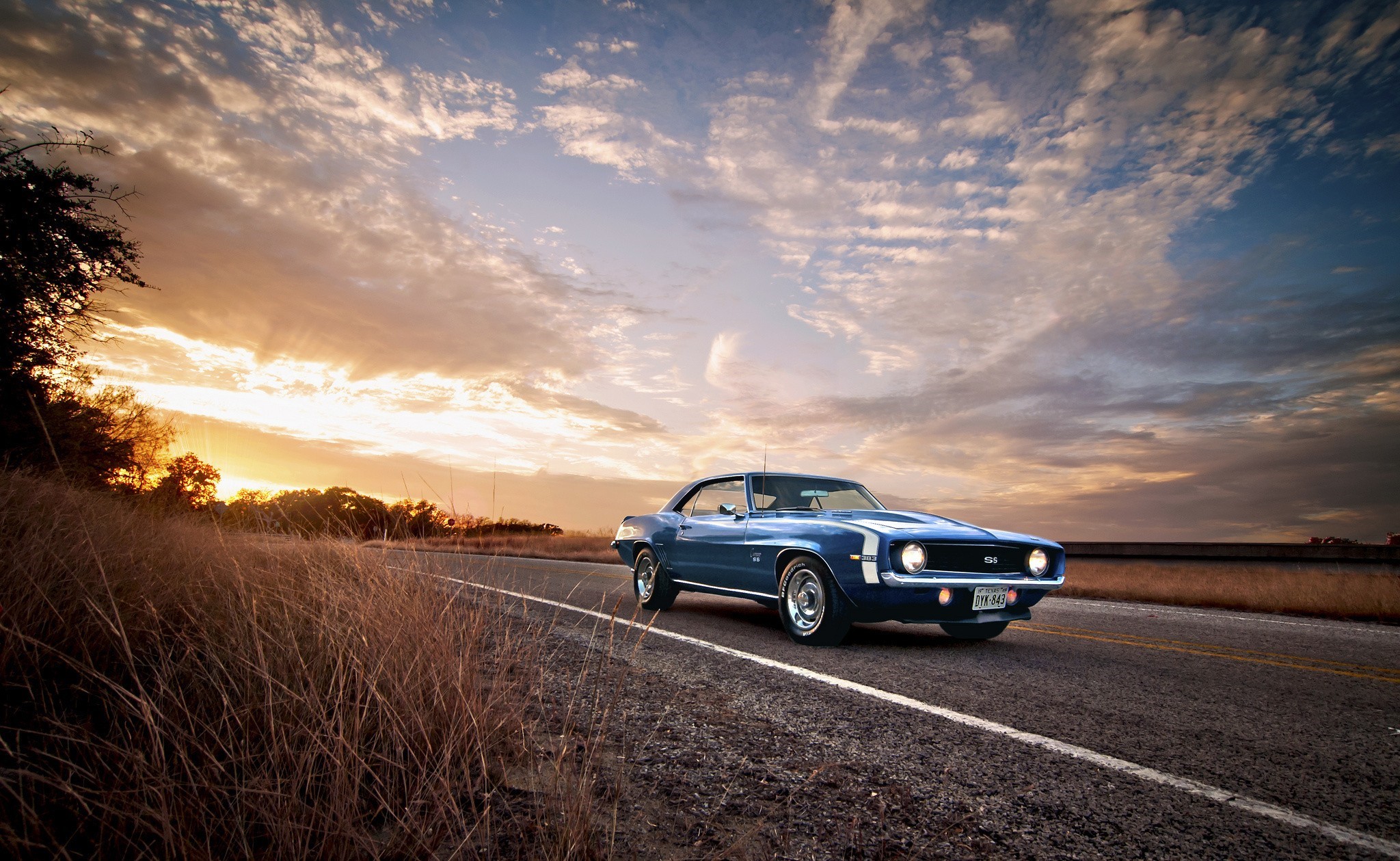 Blue Chevrolet Camaro SS on a Road at Sunset HD Wallpaper