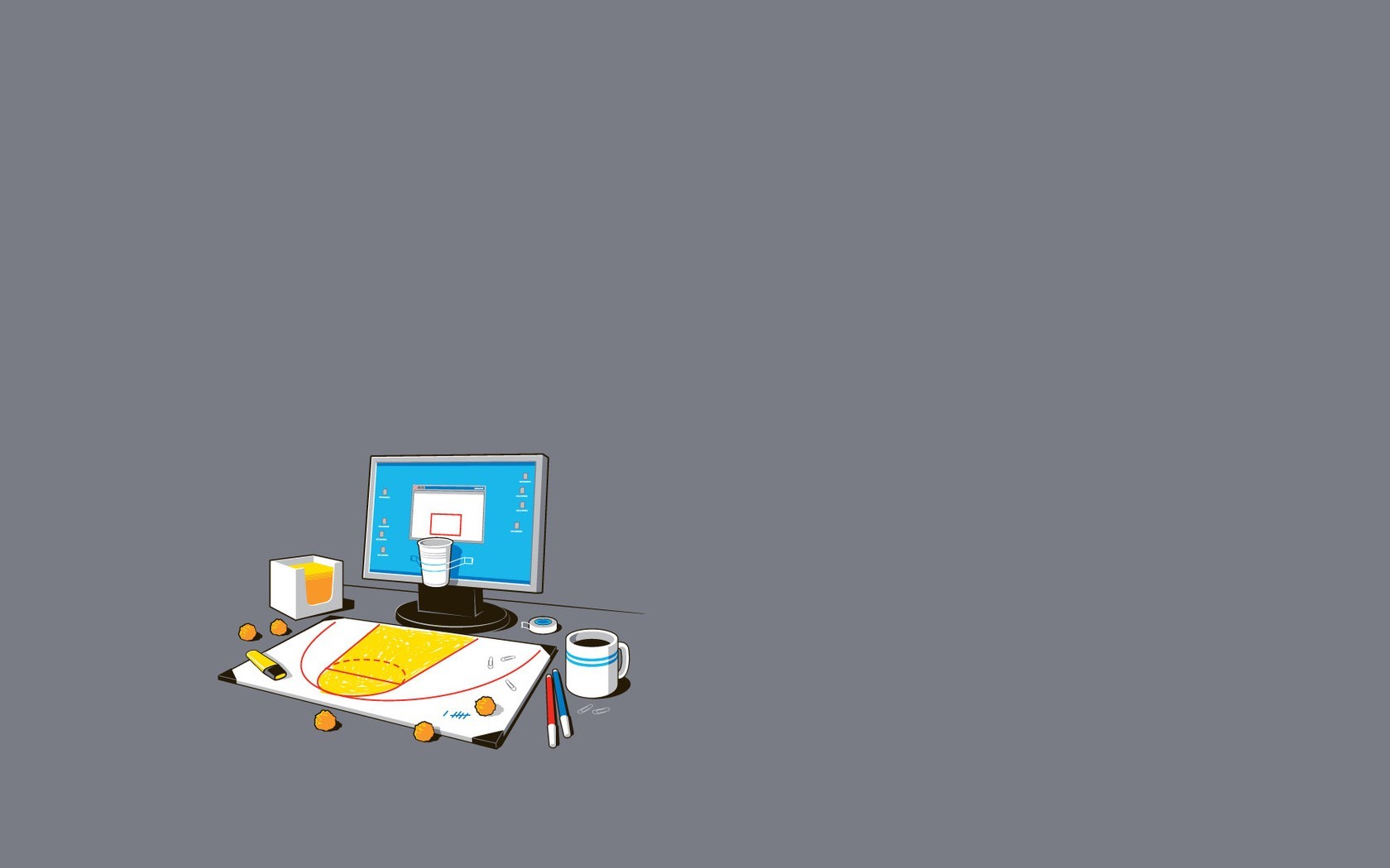 Computer setup with basketball court diagram HD Wallpaper