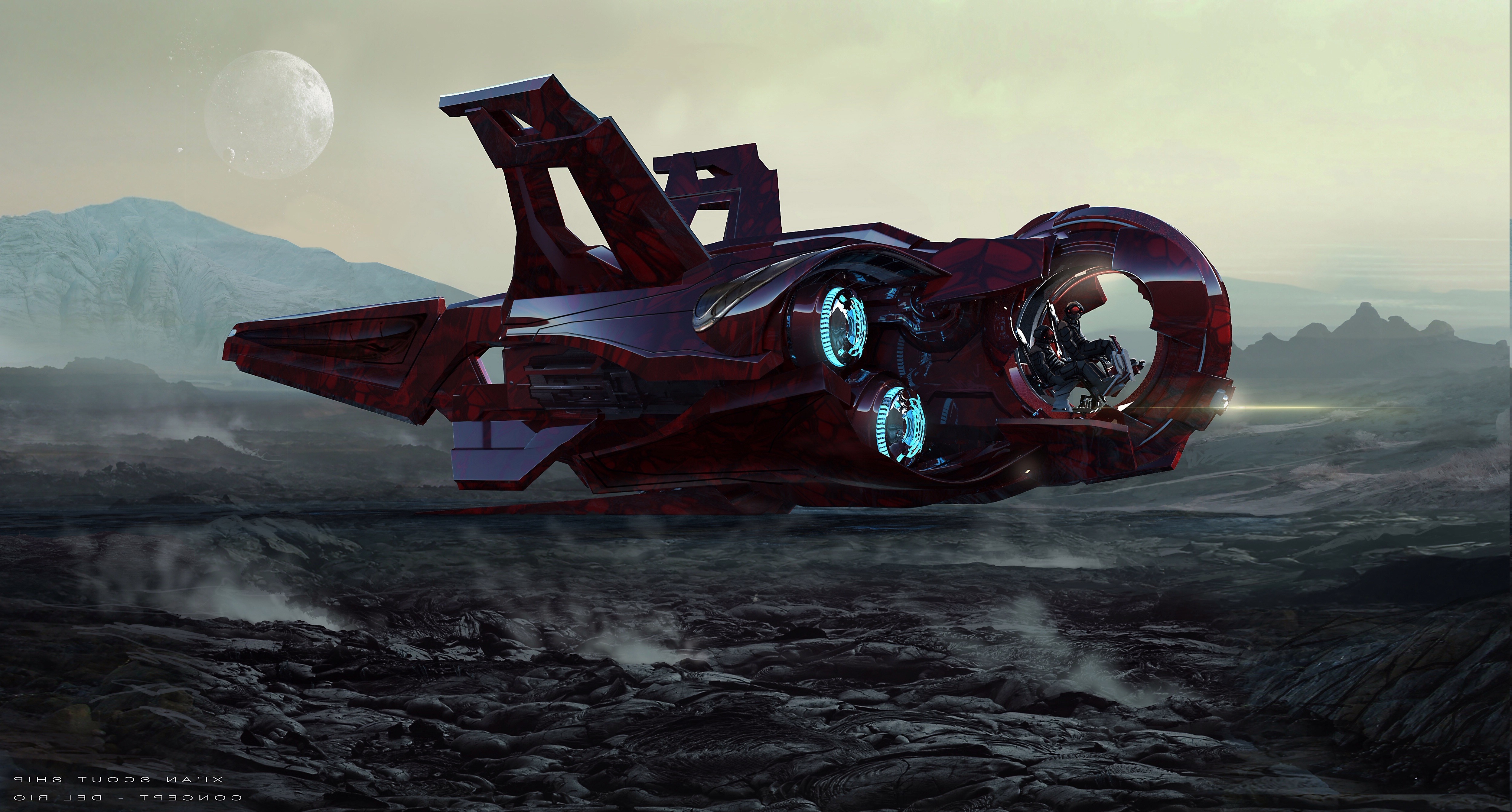Red scout spaceship flying over alien landscape HD Wallpaper