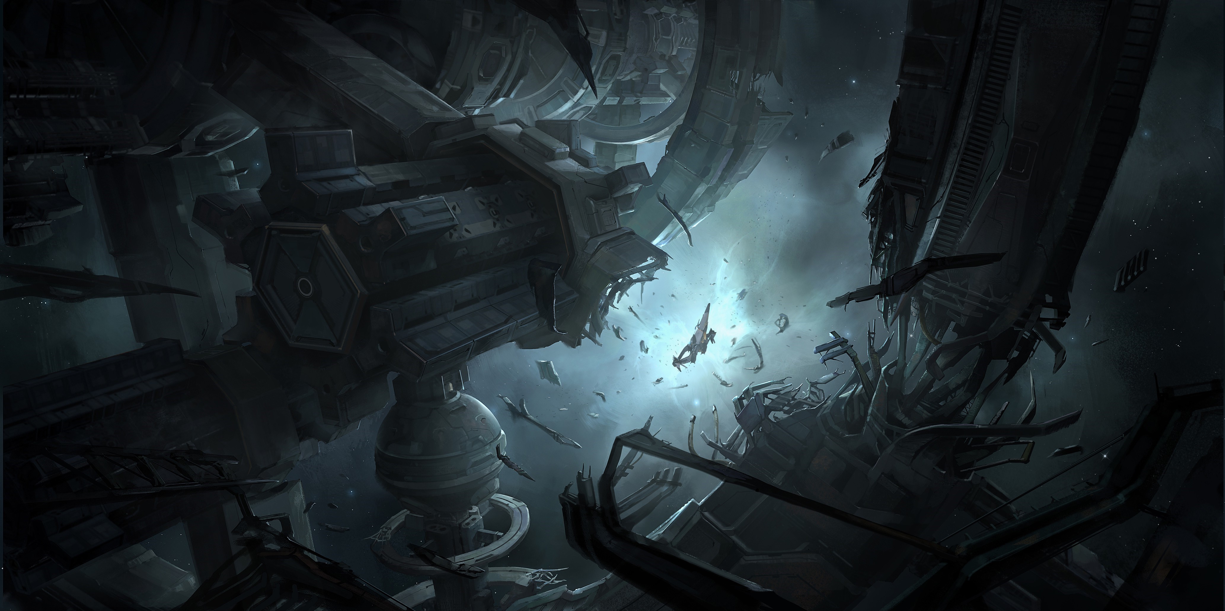 Destroyed space station with debris and a small ship HD Wallpaper