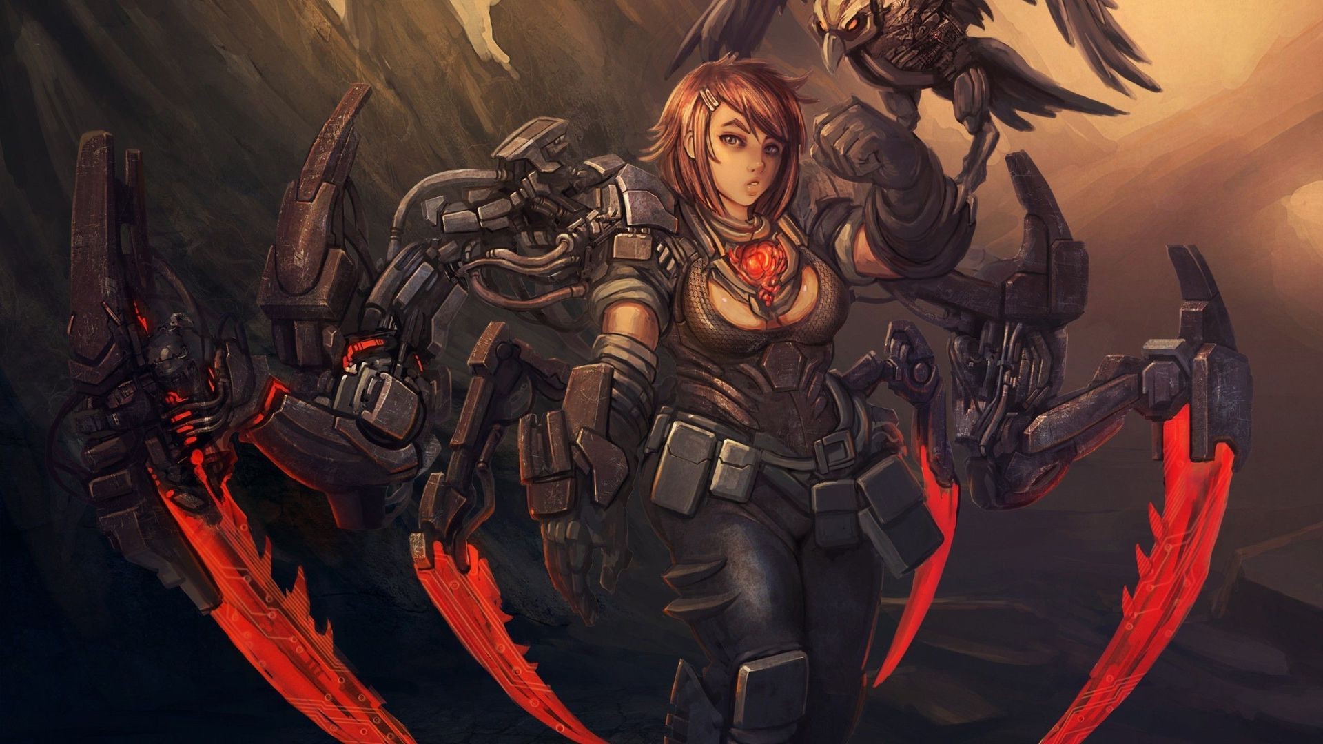 Cyborg warrior with mechanical spider legs and bird HD Wallpaper