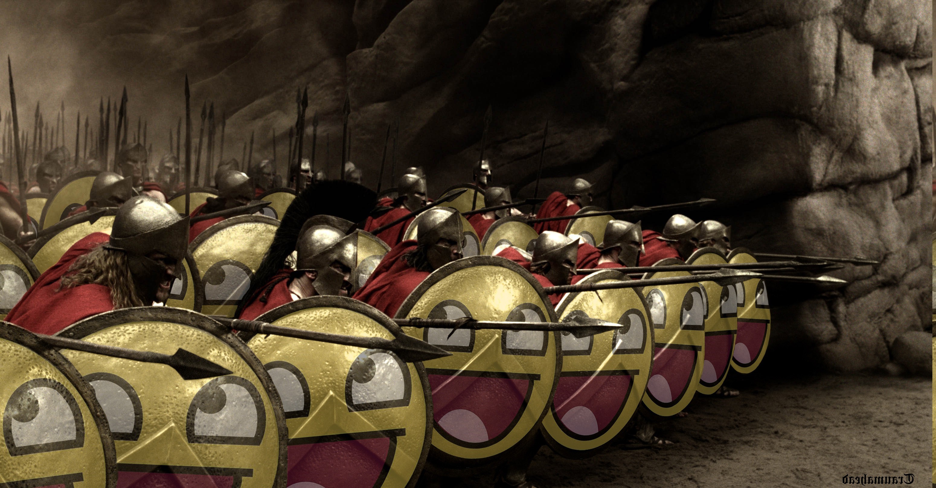 Spartan soldiers with meme shields HD Wallpaper