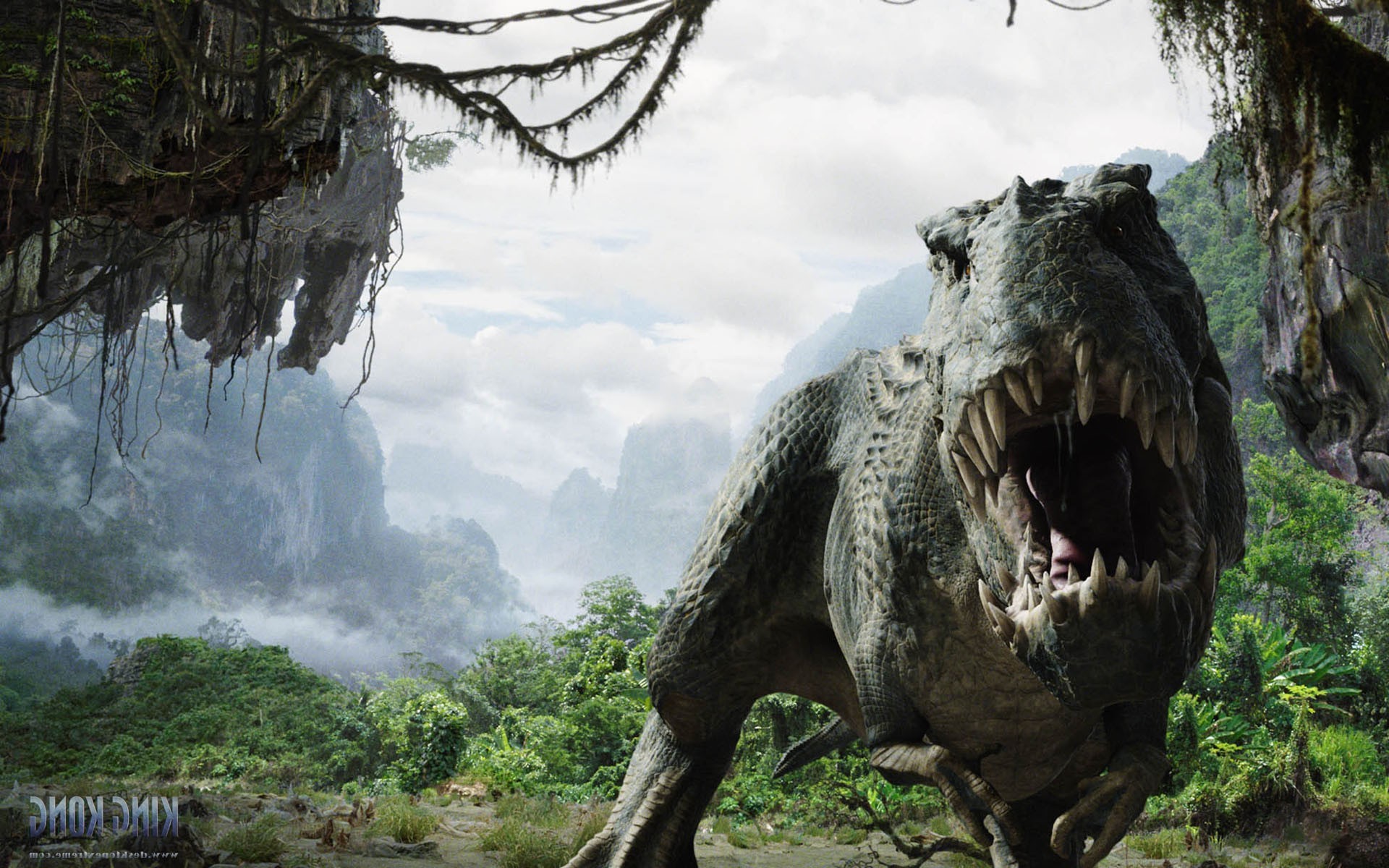 Tyrannosaurus Rex in a jungle landscape HD Wallpaper