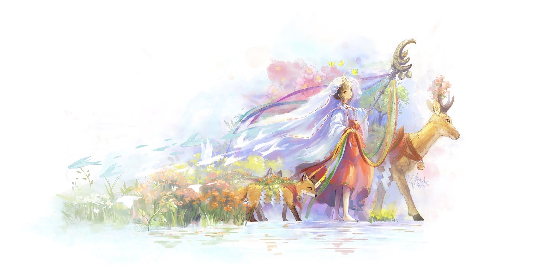 Girl with Fox and Deer in Fantasy Landscape HD Wallpaper