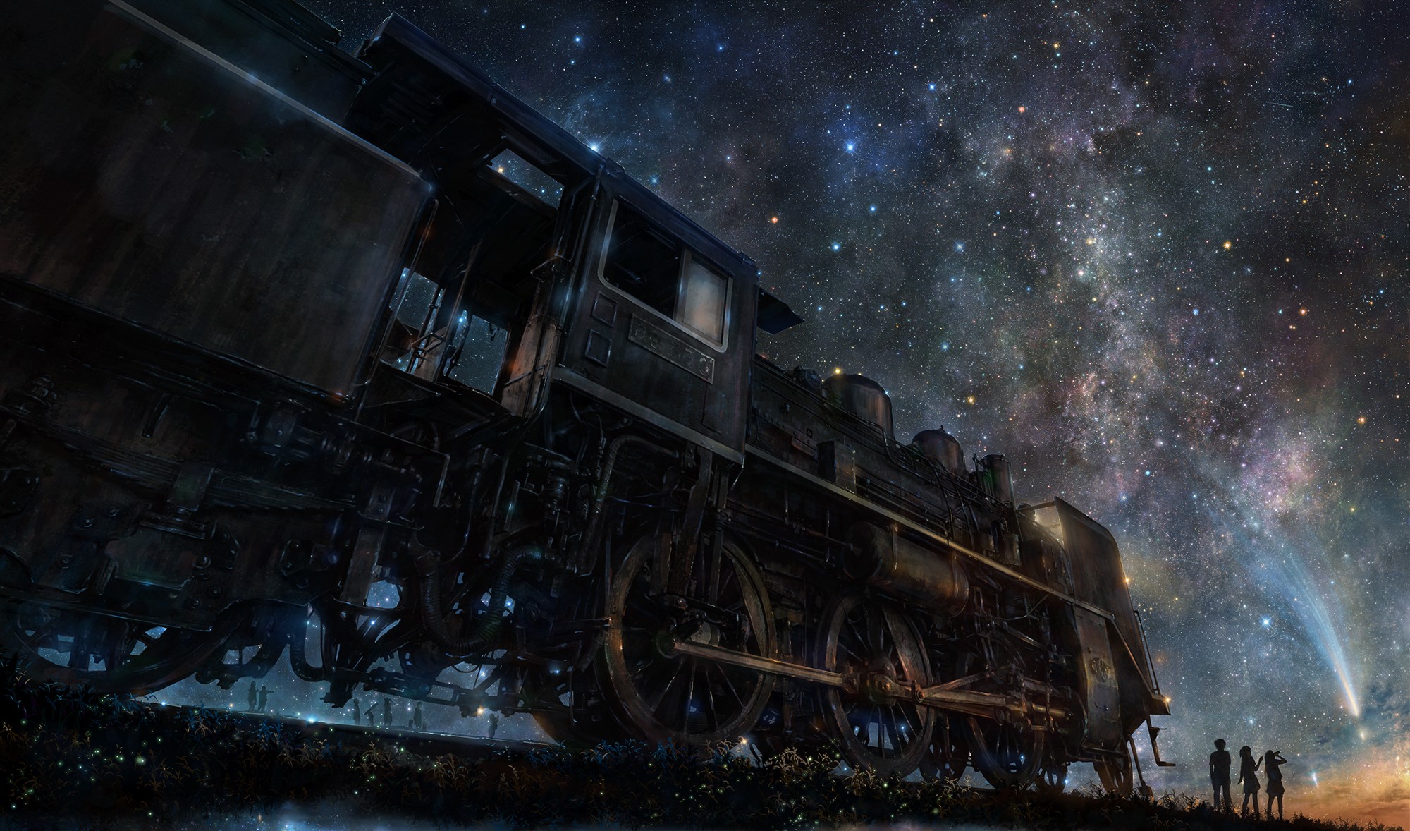 Anime train under a starry sky with a comet HD Wallpaper