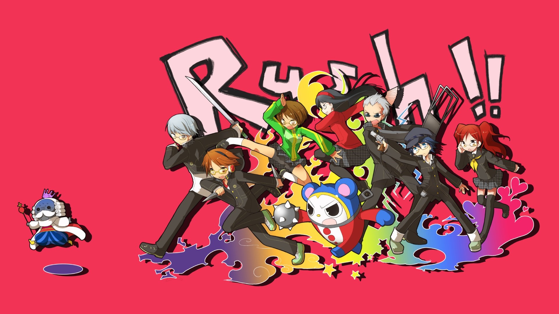 Persona 4 characters and a small blue king-like creature HD Wallpaper