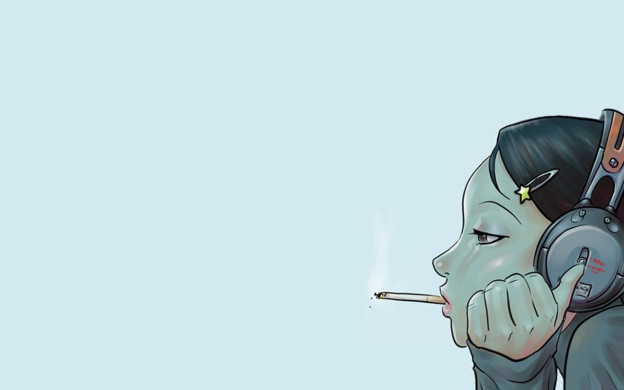 Anime girl with headphones smoking a cigarette HD Wallpaper