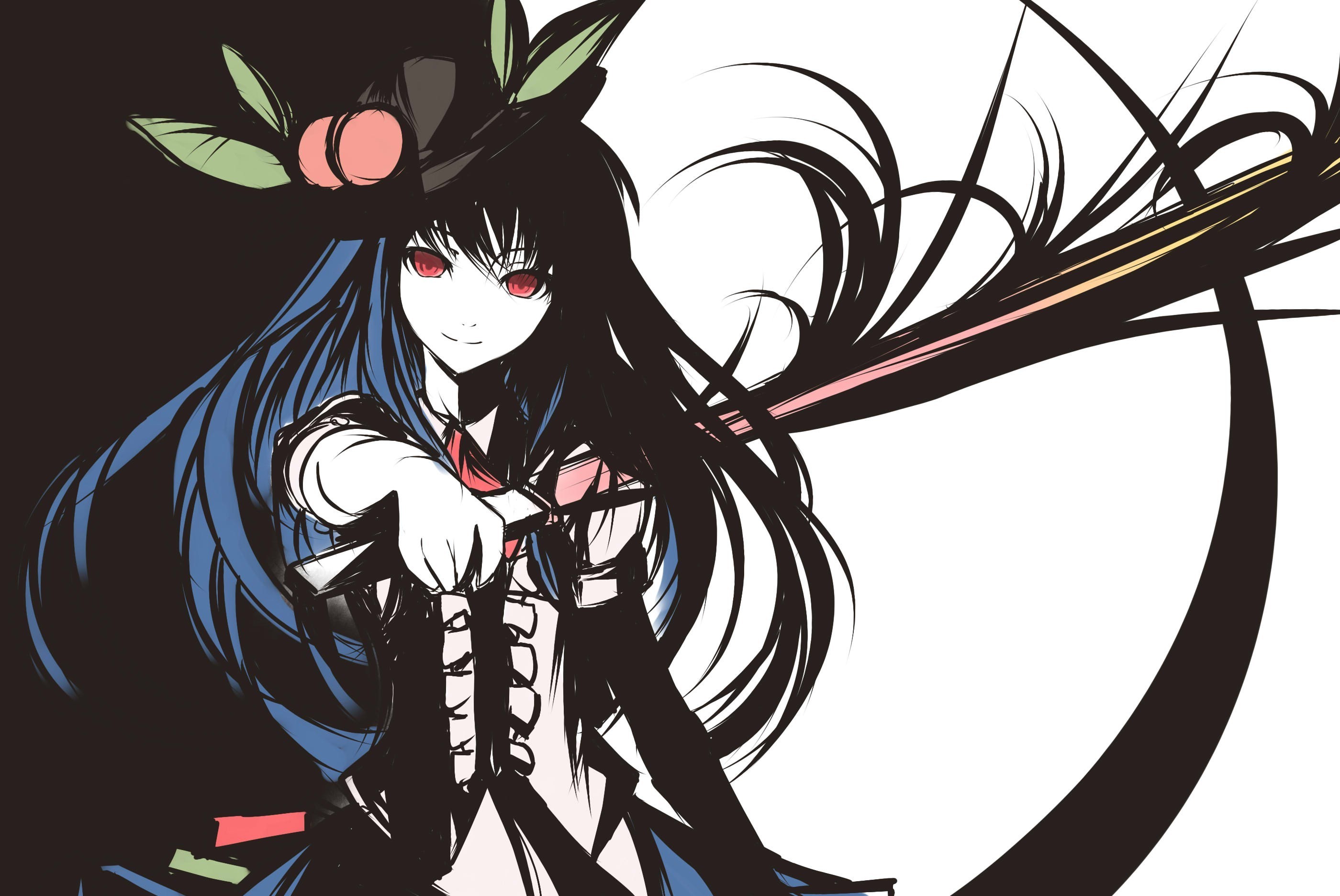 Woman with dark hair and red eyes holding a sword HD Wallpaper