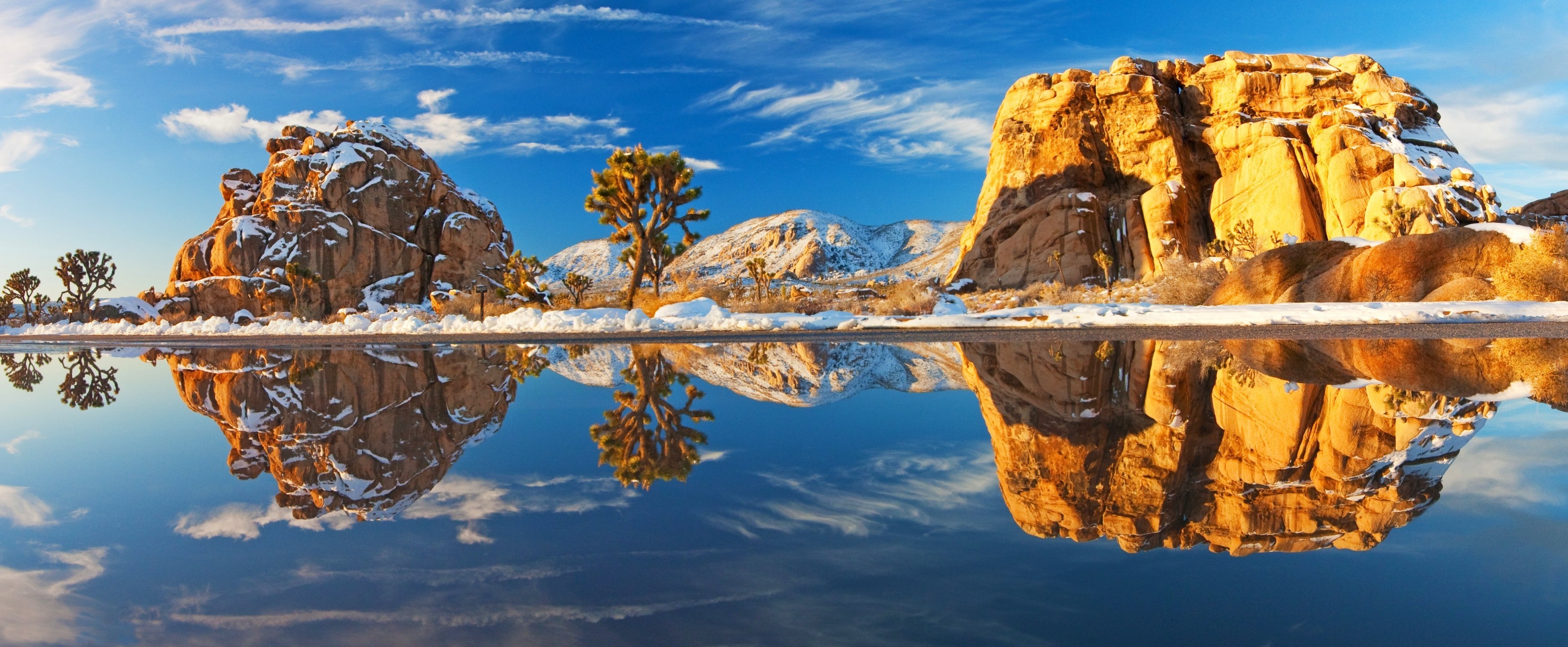 Winter Mountain Rock with Lake Snow Reflection HD Wallpaper