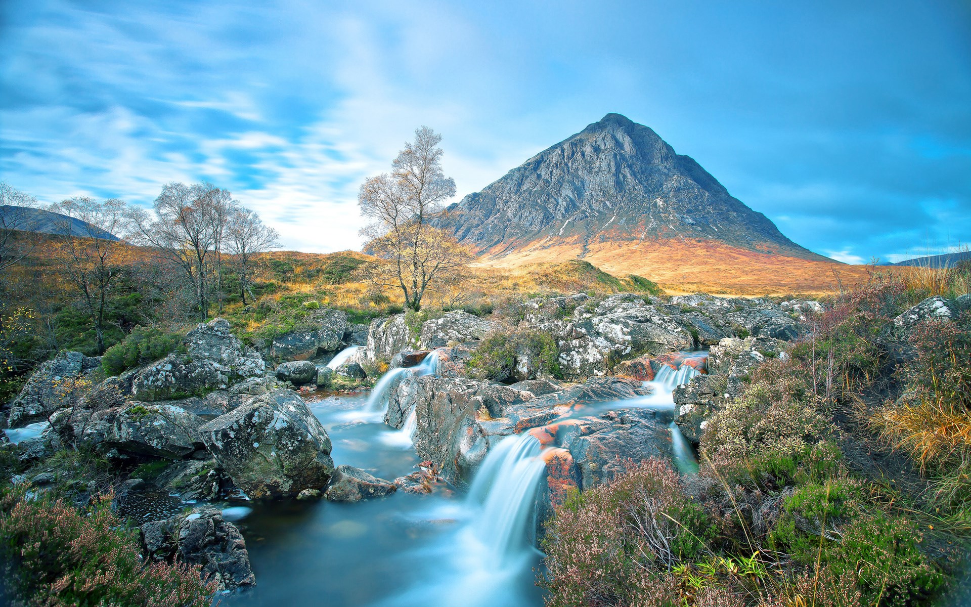 Mountain landscape with a waterfall and trees HD Wallpaper