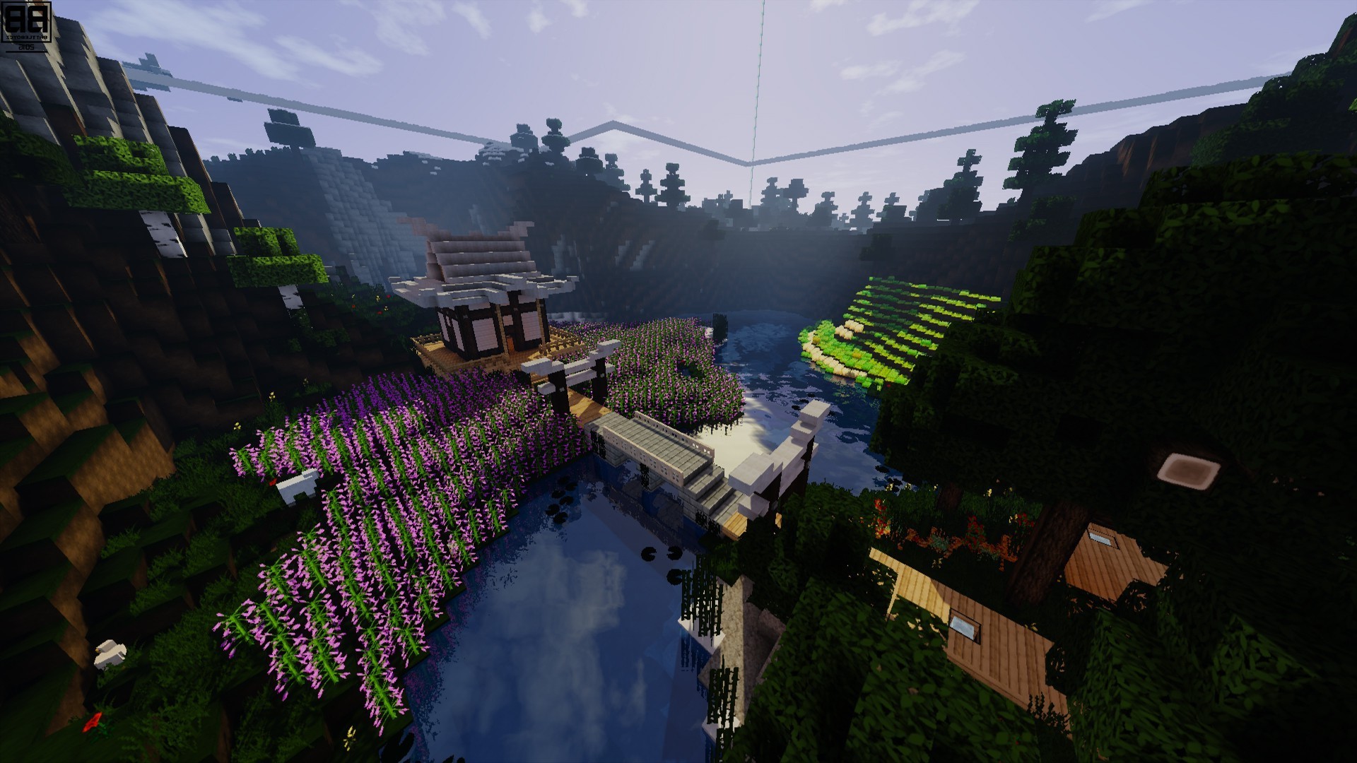 Minecraft landscape with Japanese-style buildings and a river HD Wallpaper