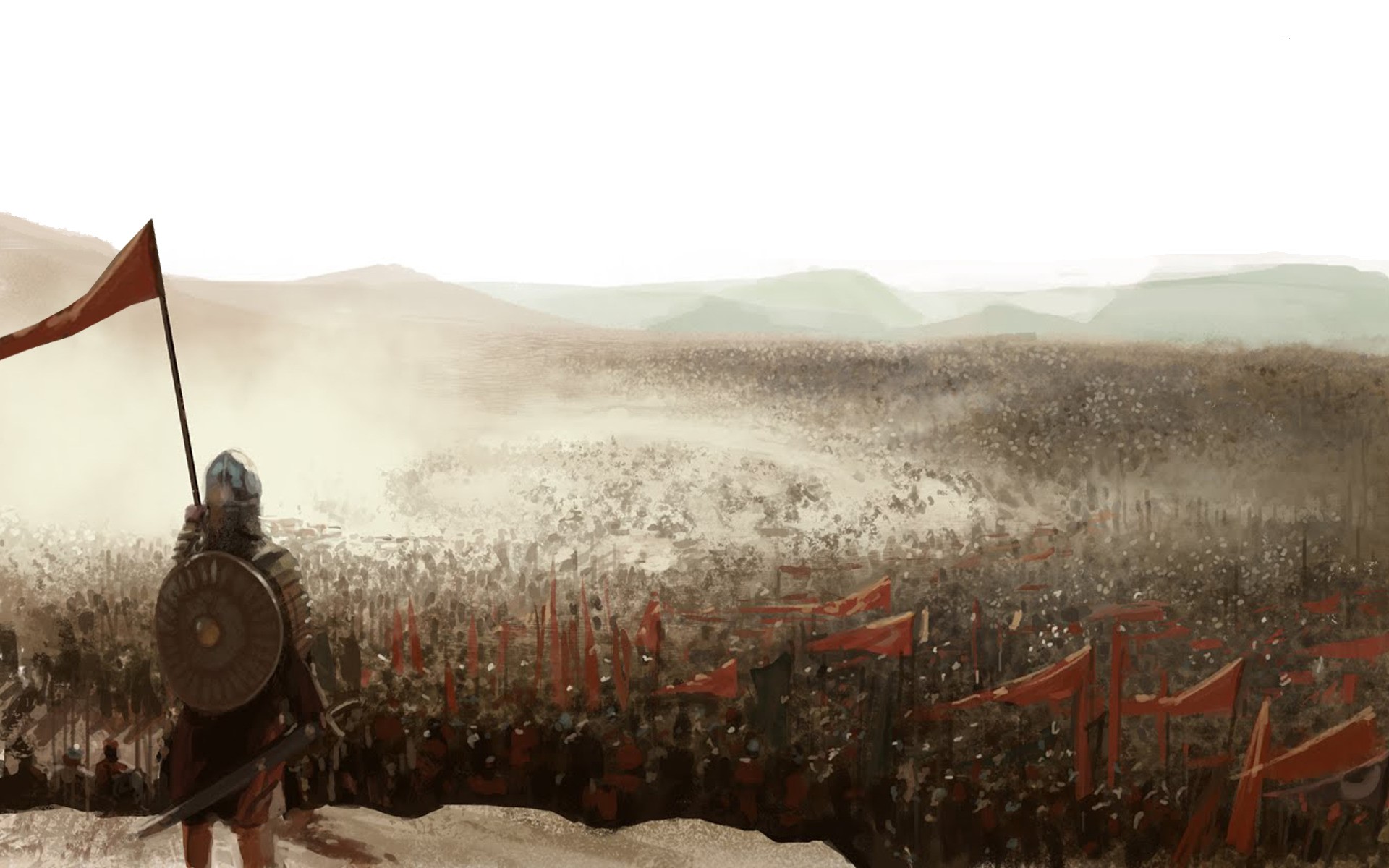 Soldier with flag facing a vast army HD Wallpaper