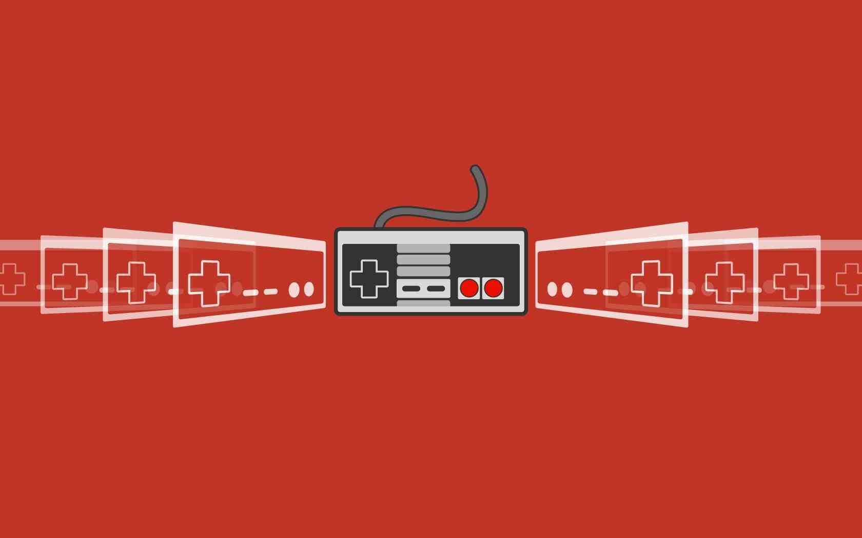 Nintendo Entertainment System controller with retro game icons HD Wallpaper