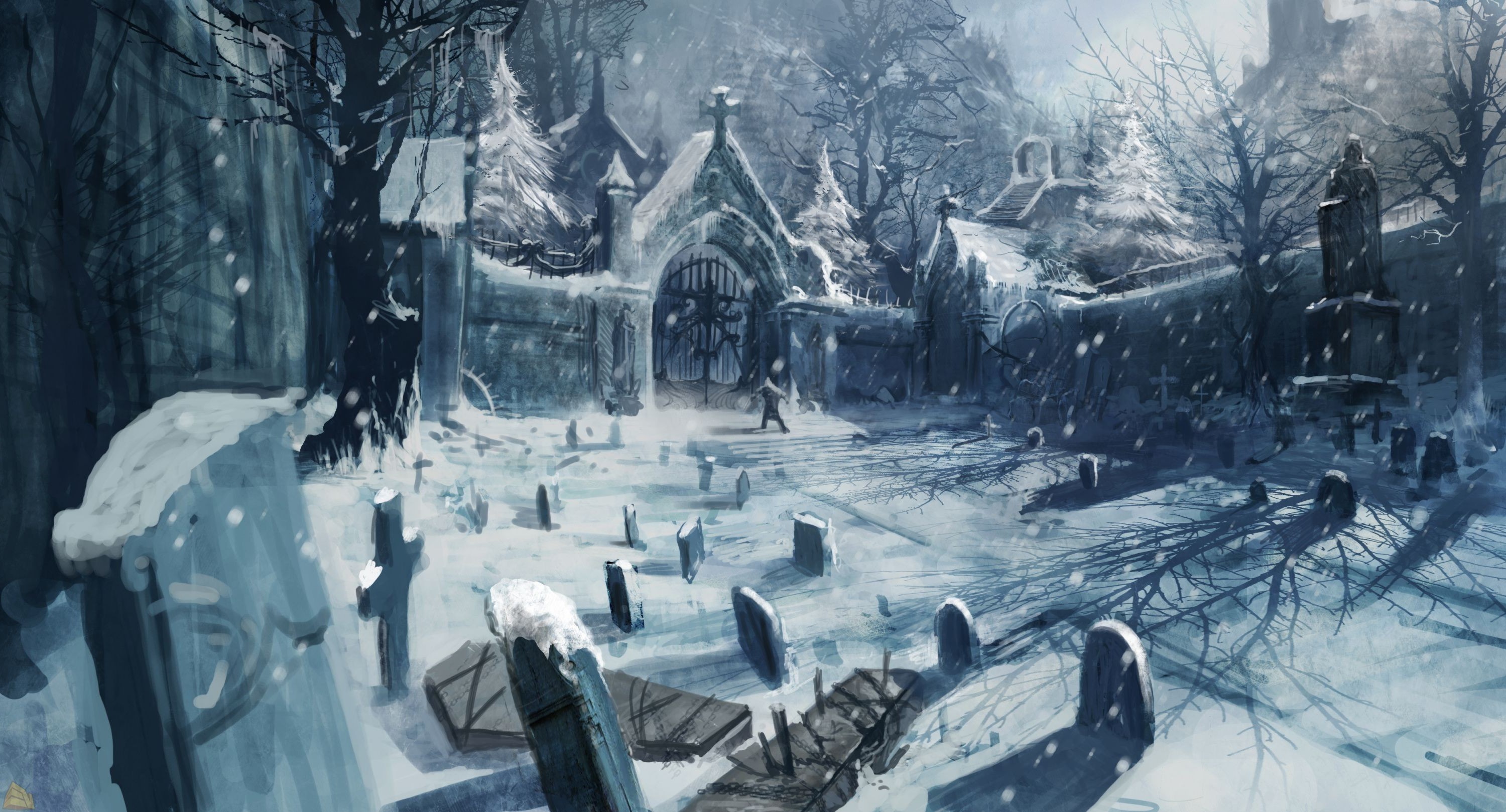 Concept art for Castlevania: Lords of Shadow in a snowy graveyard HD Wallpaper