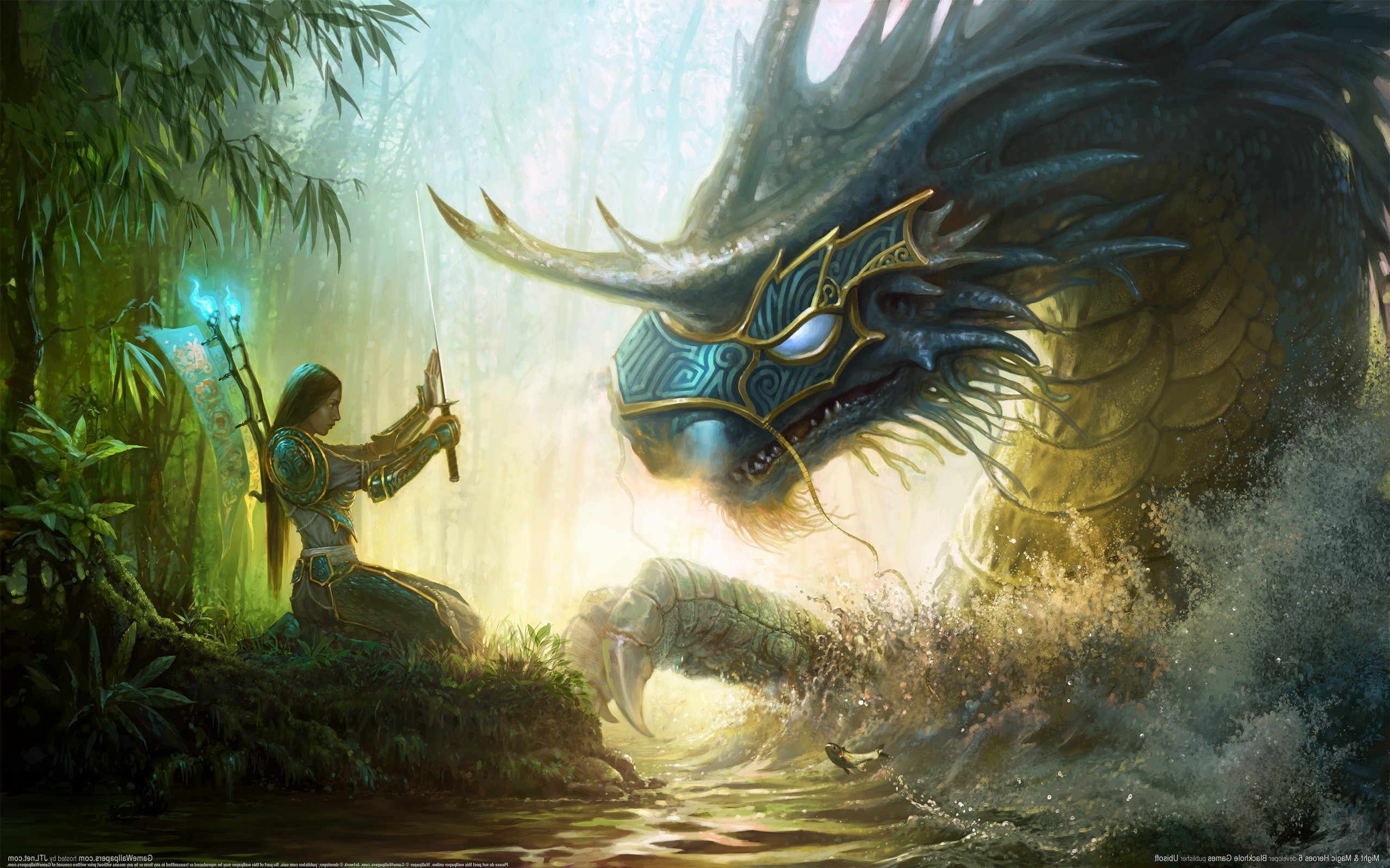 Woman with sword confronts dragon in a forest HD Wallpaper