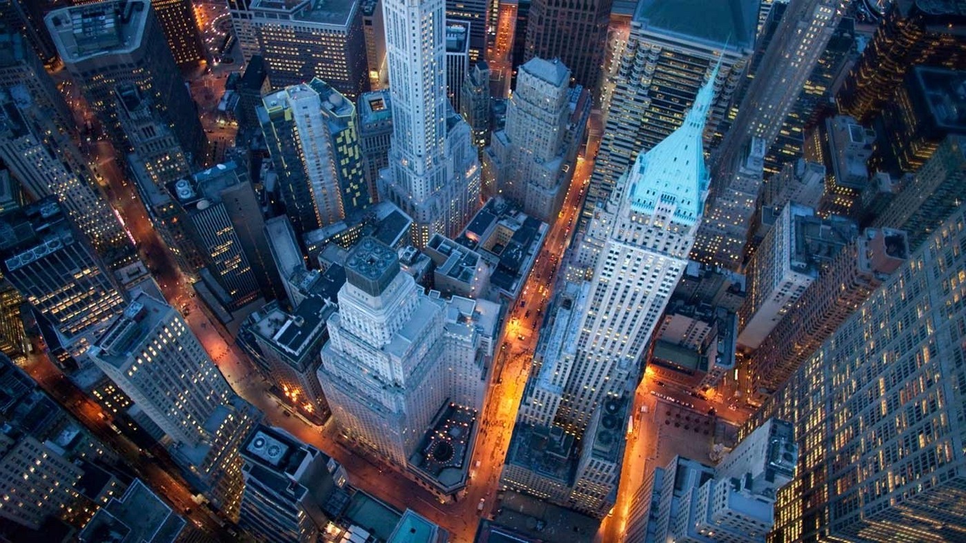 Aerial view of New York City skyscrapers at night HD Wallpaper