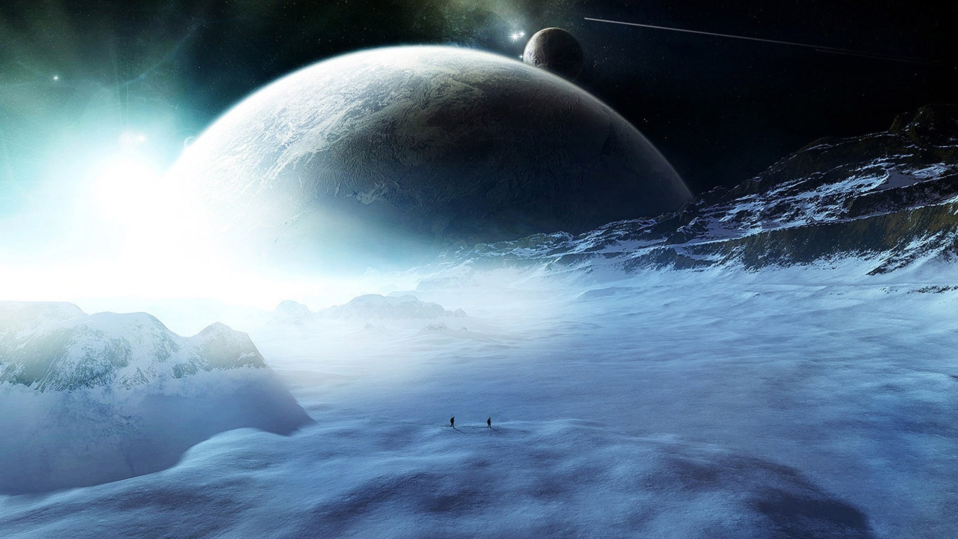 Two astronauts on an icy alien planet with a large planet in the sky HD Wallpaper