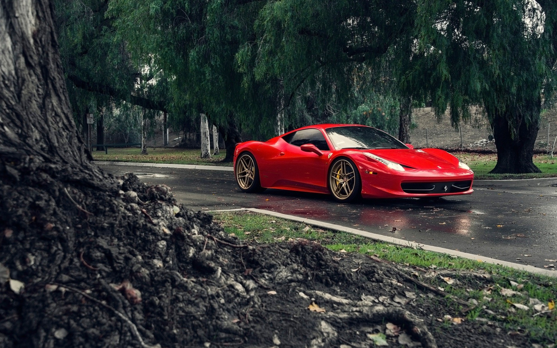 Red Ferrari 458 Italia parked on wet road HD Wallpaper