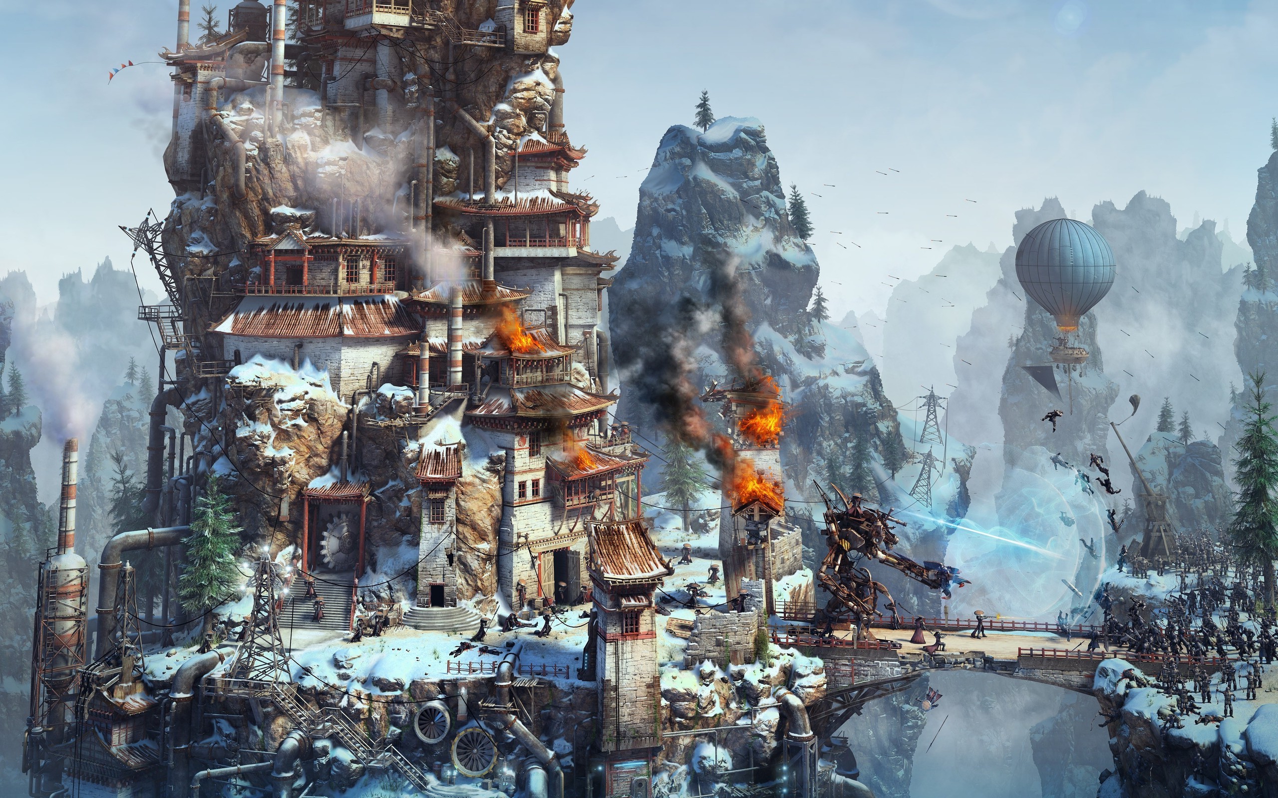 Steampunk fantasy art of a robot battle on a mountain HD Wallpaper