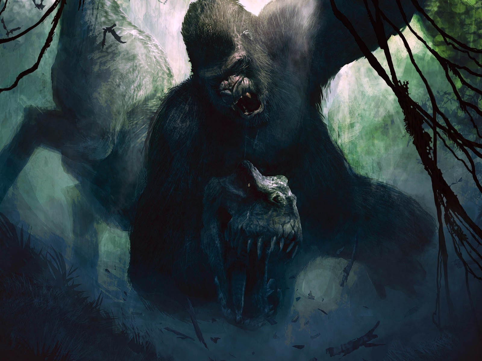 King Kong fighting a dinosaur in a jungle HD Wallpaper
