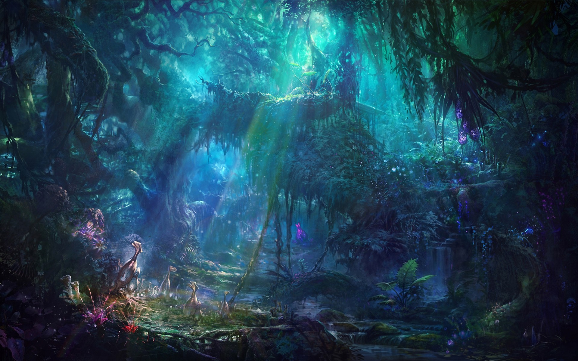 Enchanted forest with glowing flora and fauna HD Wallpaper
