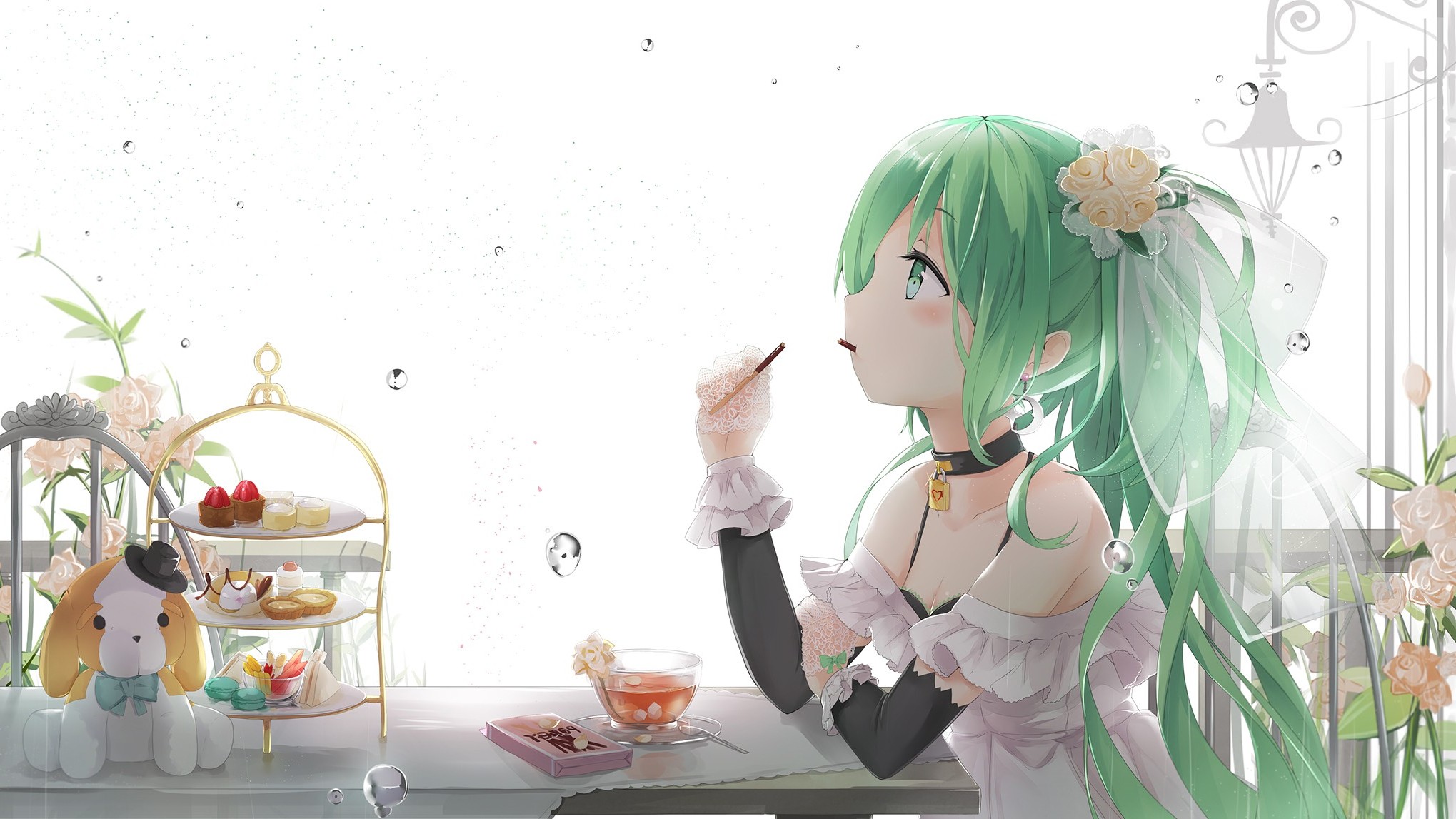 Hatsune Miku eating Pocky with tea and cakes HD Wallpaper