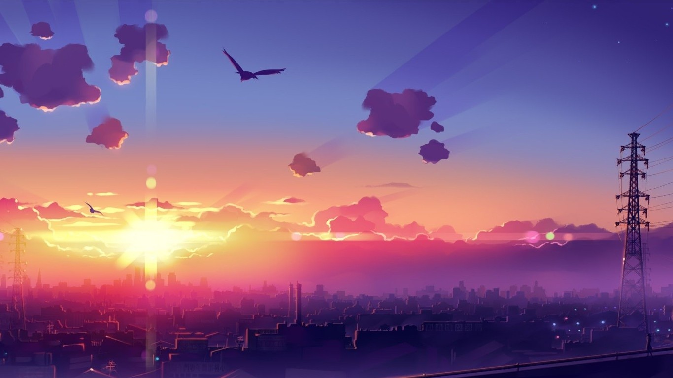 Anime cityscape at sunset with birds and power lines HD Wallpaper