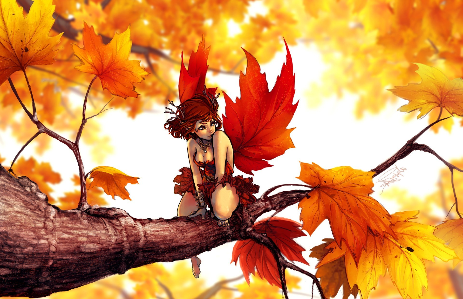 Fairy with maple leaf wings sitting on a tree branch HD Wallpaper