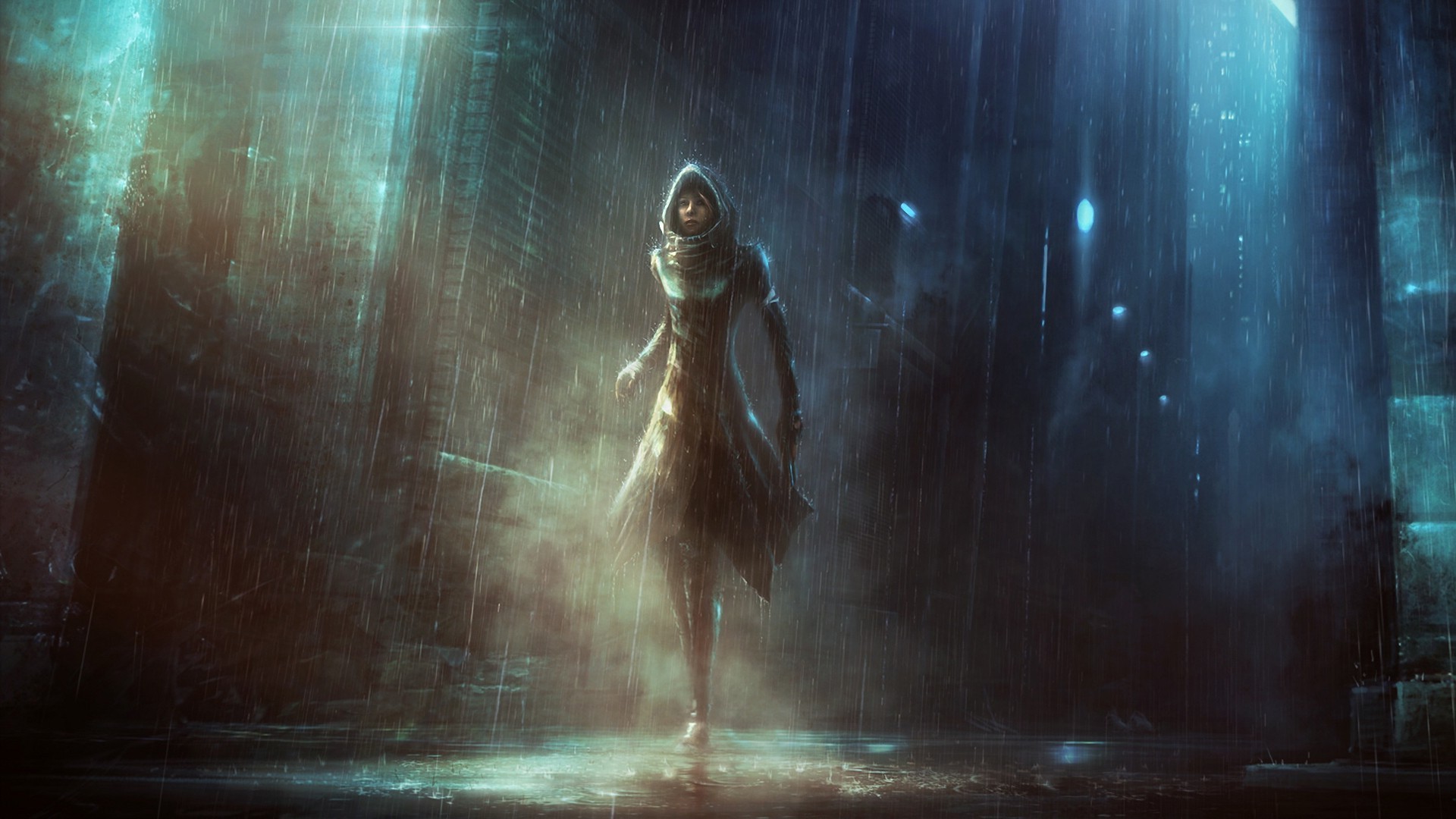 Woman in hooded cloak walking in rainy city alleyway HD Wallpaper