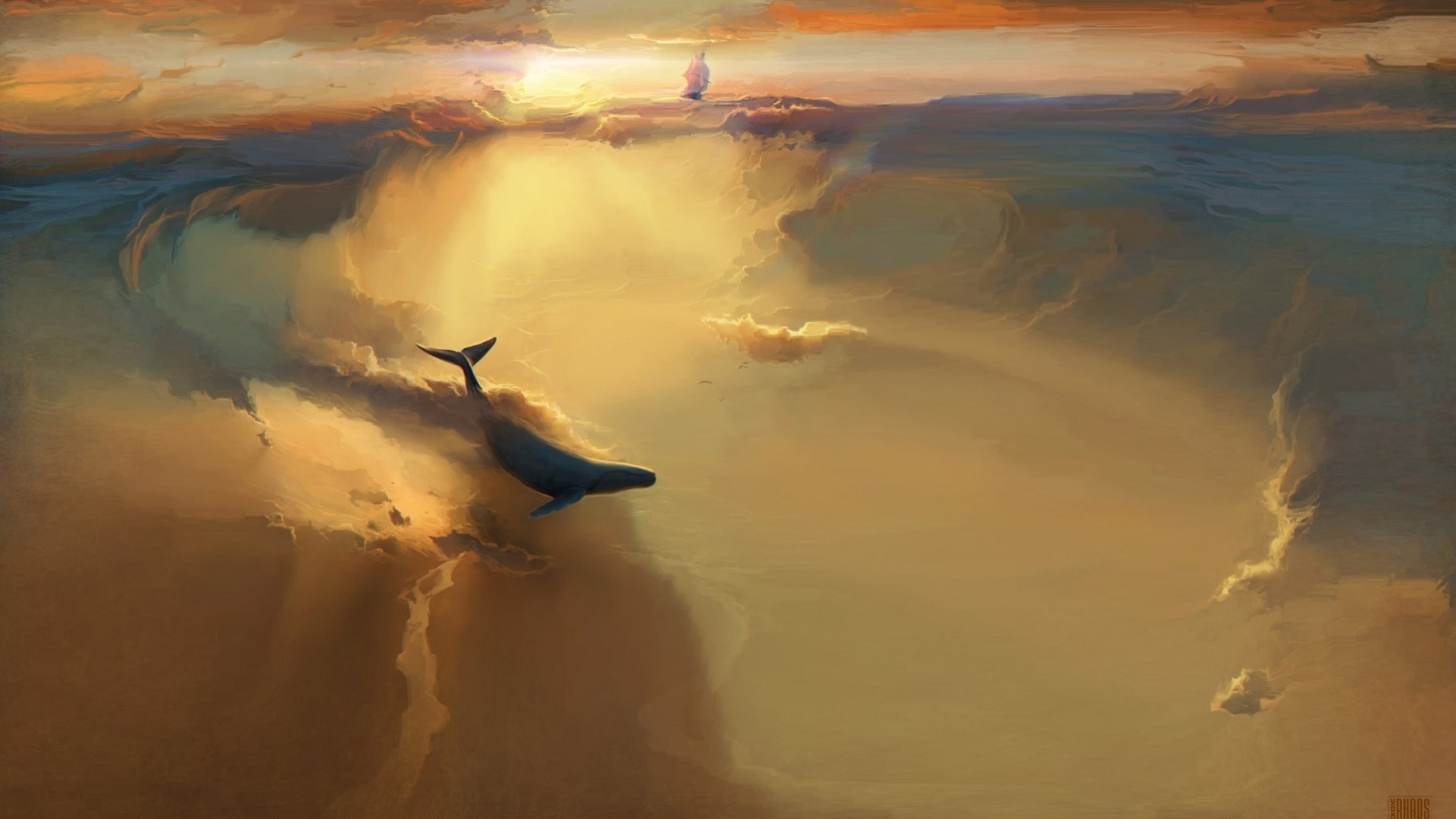 Whale and sailing ship in fantasy clouds HD Wallpaper