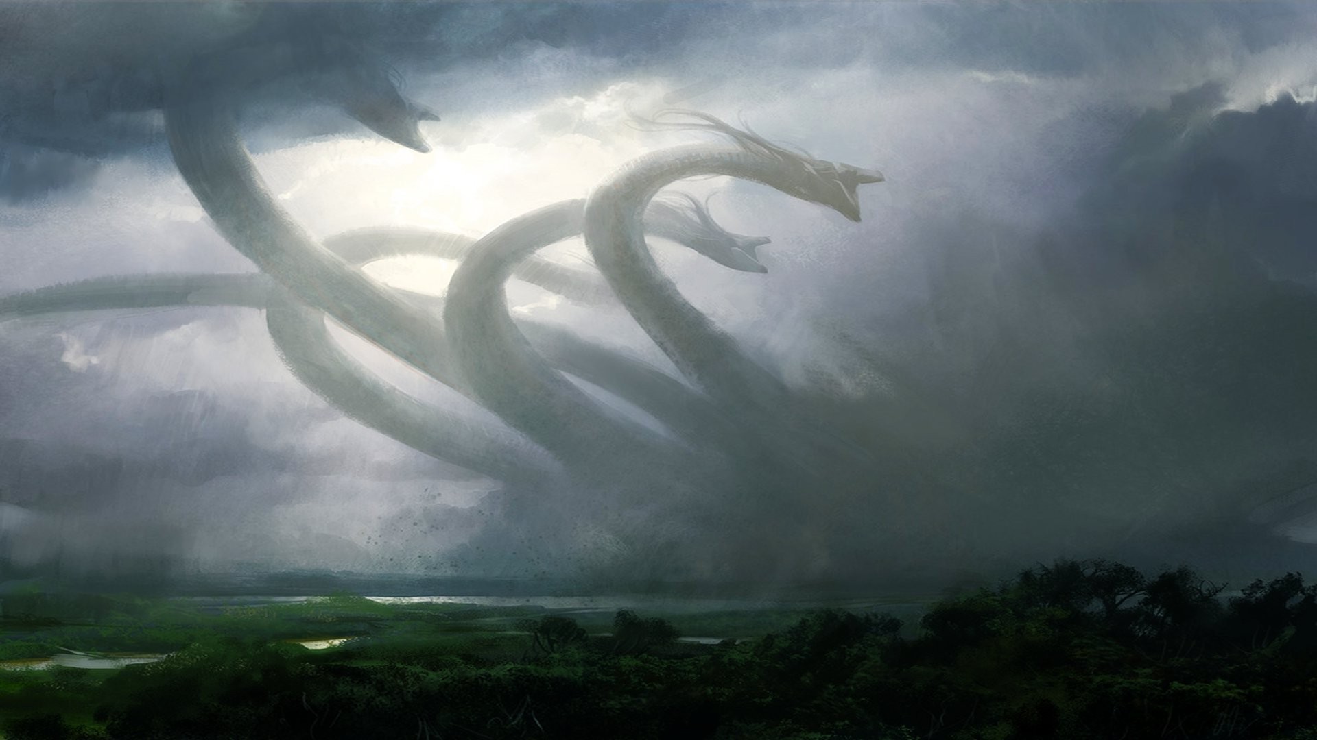 Three-headed dragon emerging from storm clouds over landscape HD Wallpaper