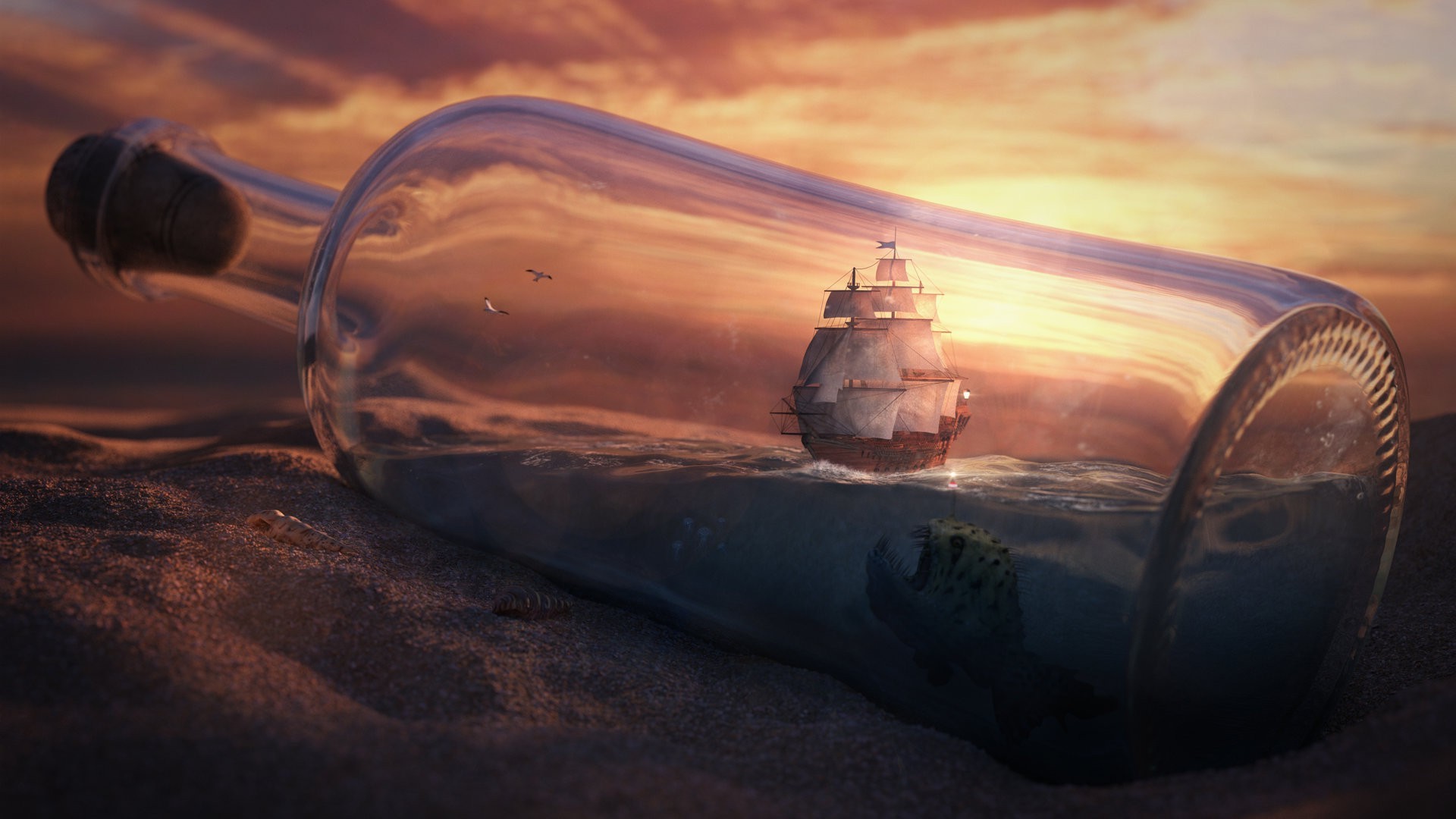 Ship in a bottle at sunset HD Wallpaper