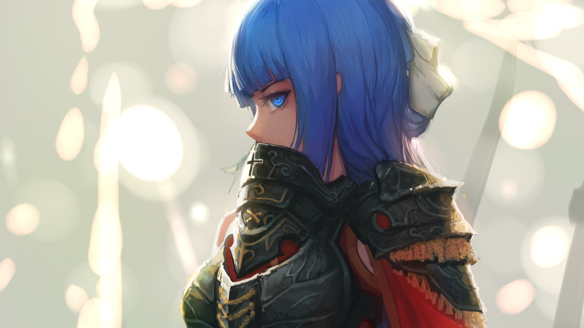 Anime girl with blue hair and armor HD Wallpaper